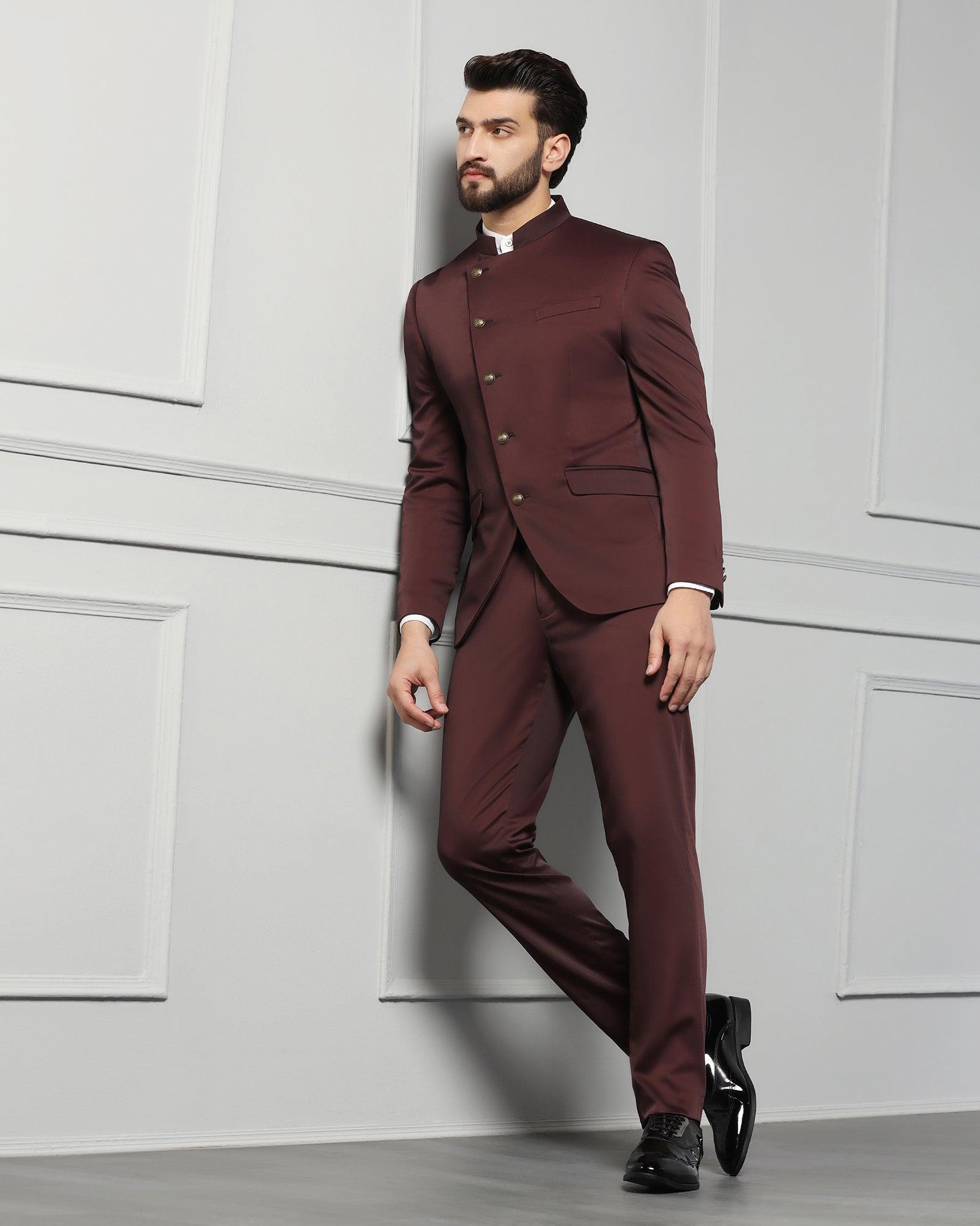 Two Piece Wine Solid Formal Suit - Ossessione - Blackberrys