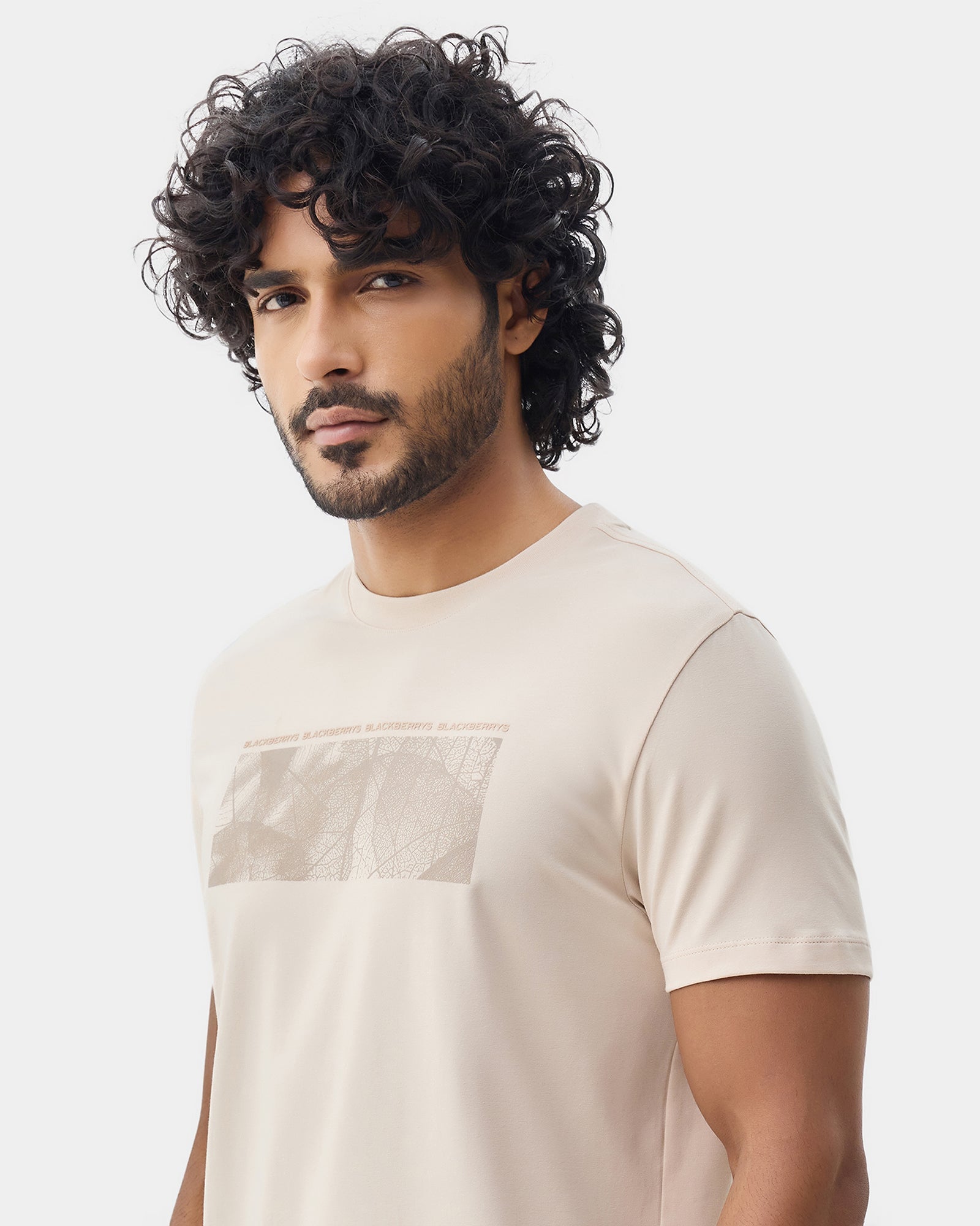 Almond Beige Crew Neck Printed T-Shirt - Supi