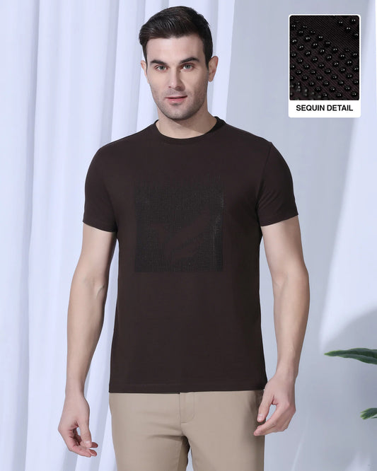 Crew Neck Brown Printed T-Shirt - Badger