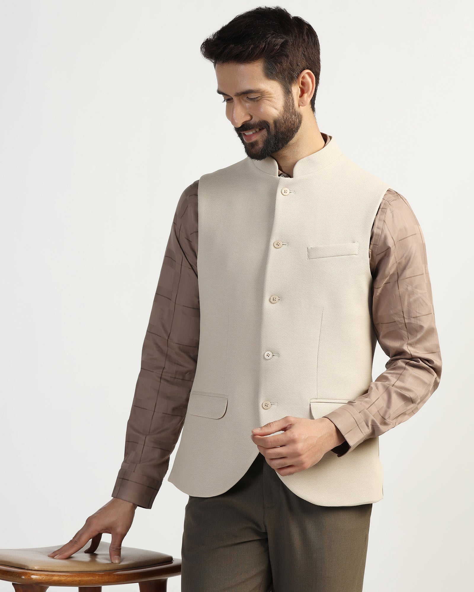 Bandhgala Formal Beige Textured Waistcoat - Clarins