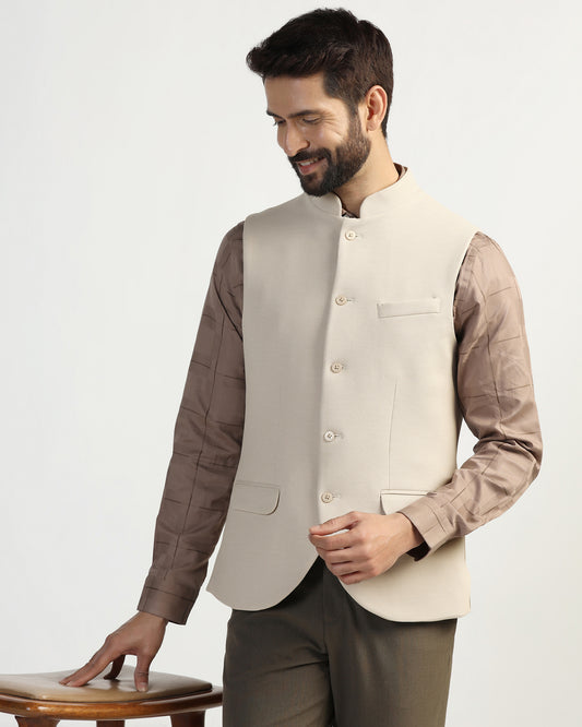 Bandhgala Formal Beige Textured Waistcoat - Clarins