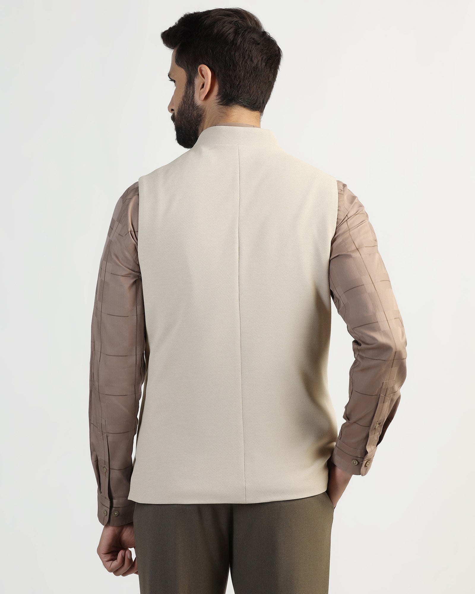 Bandhgala Formal Beige Textured Waistcoat - Clarins