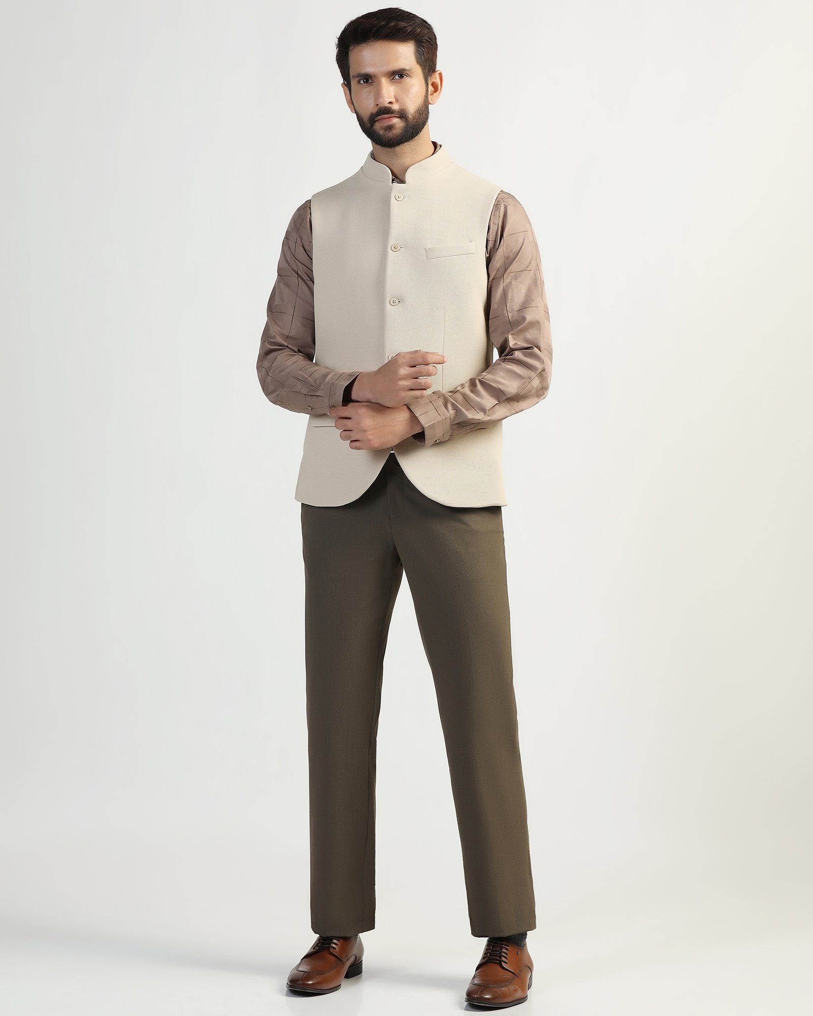 Bandhgala Formal Beige Textured Waistcoat - Clarins