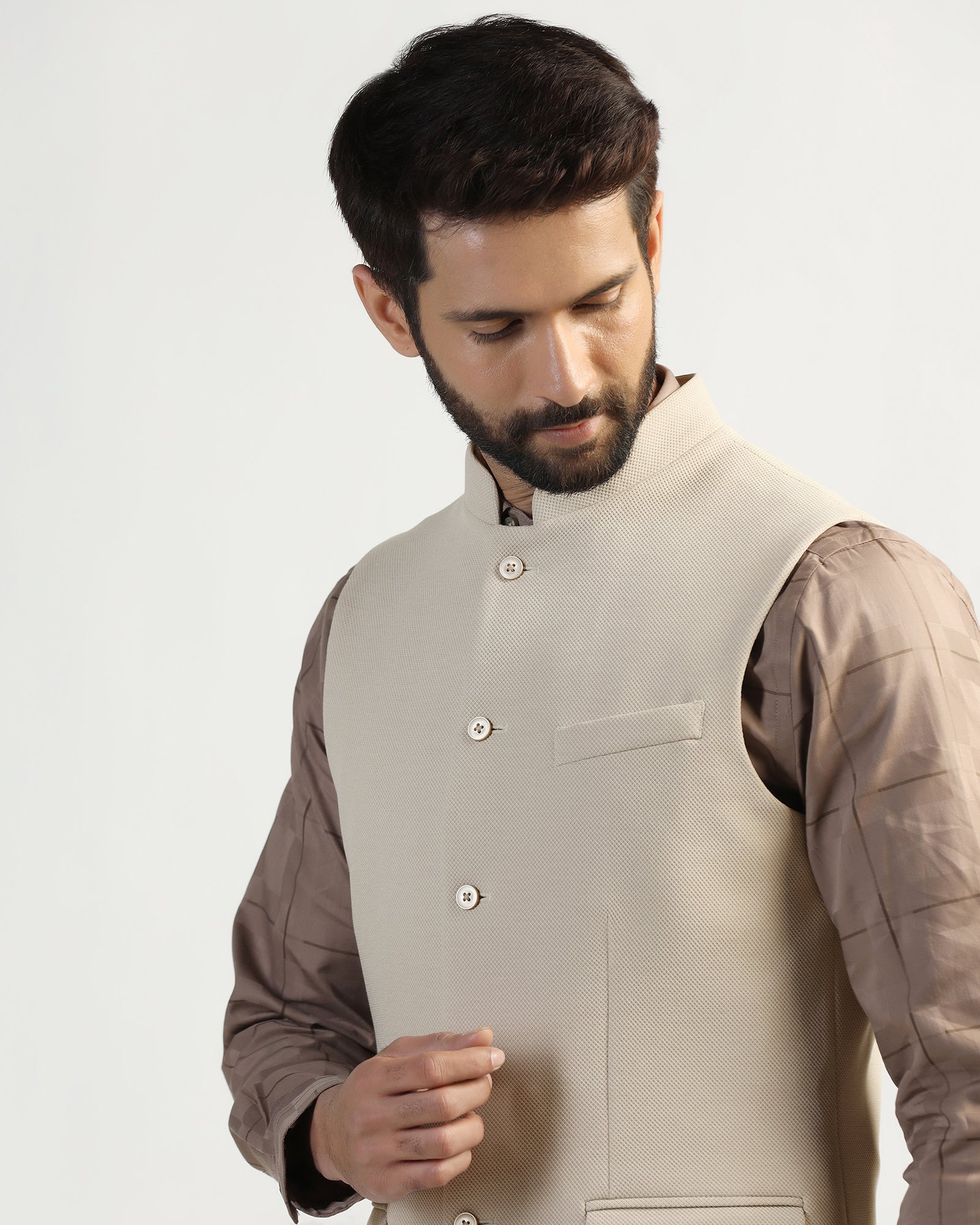 Bandhgala Formal Beige Textured Waistcoat - Clarins