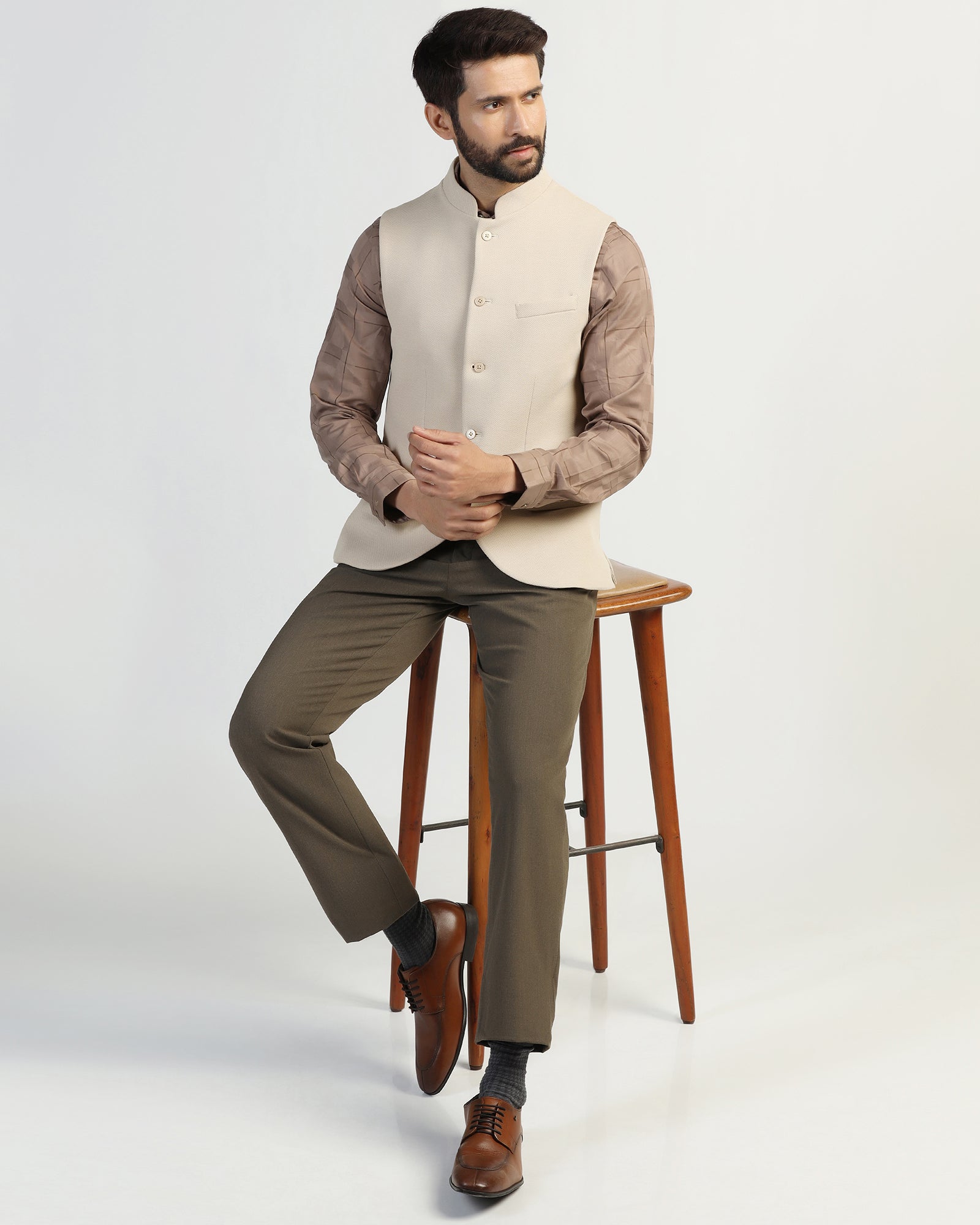 Bandhgala Formal Beige Textured Waistcoat - Clarins