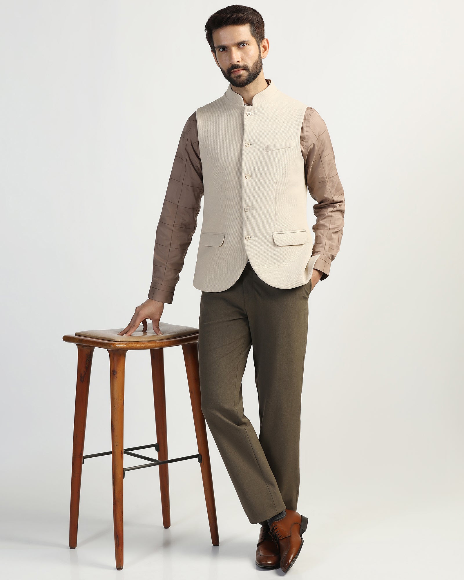 Bandhgala Formal Beige Textured Waistcoat - Clarins