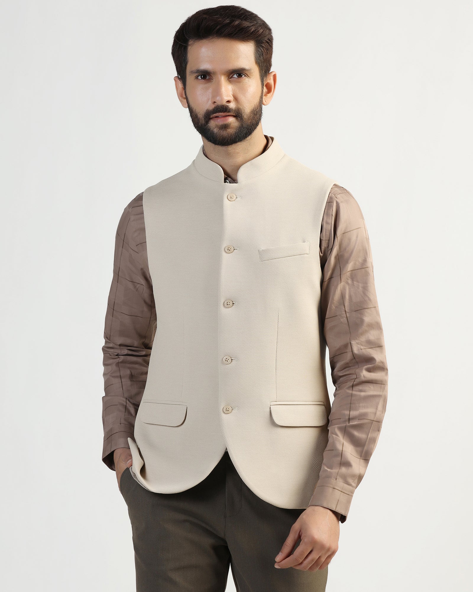 Bandhgala Formal Beige Textured Waistcoat - Clarins