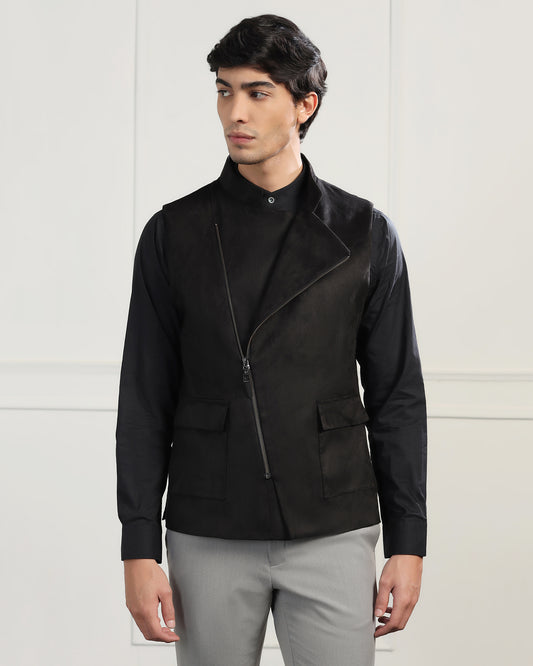 Bandhgala Formal Black Solid Waistcoat - Panther