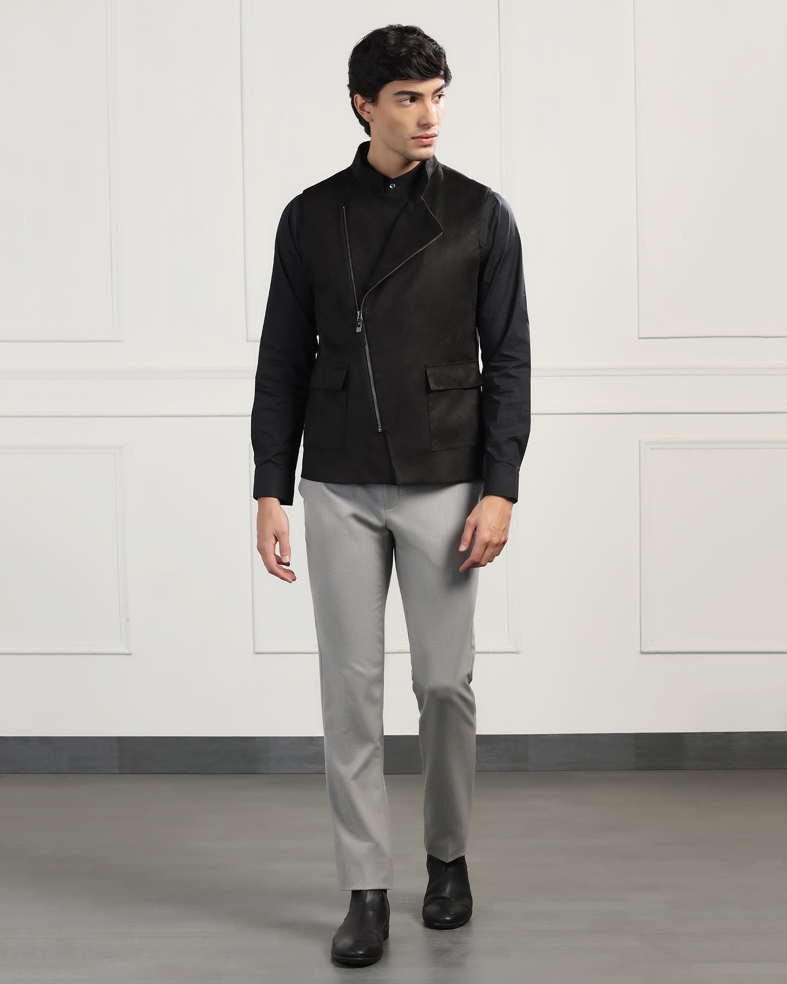 Bandhgala Formal Black Solid Waistcoat - Panther
