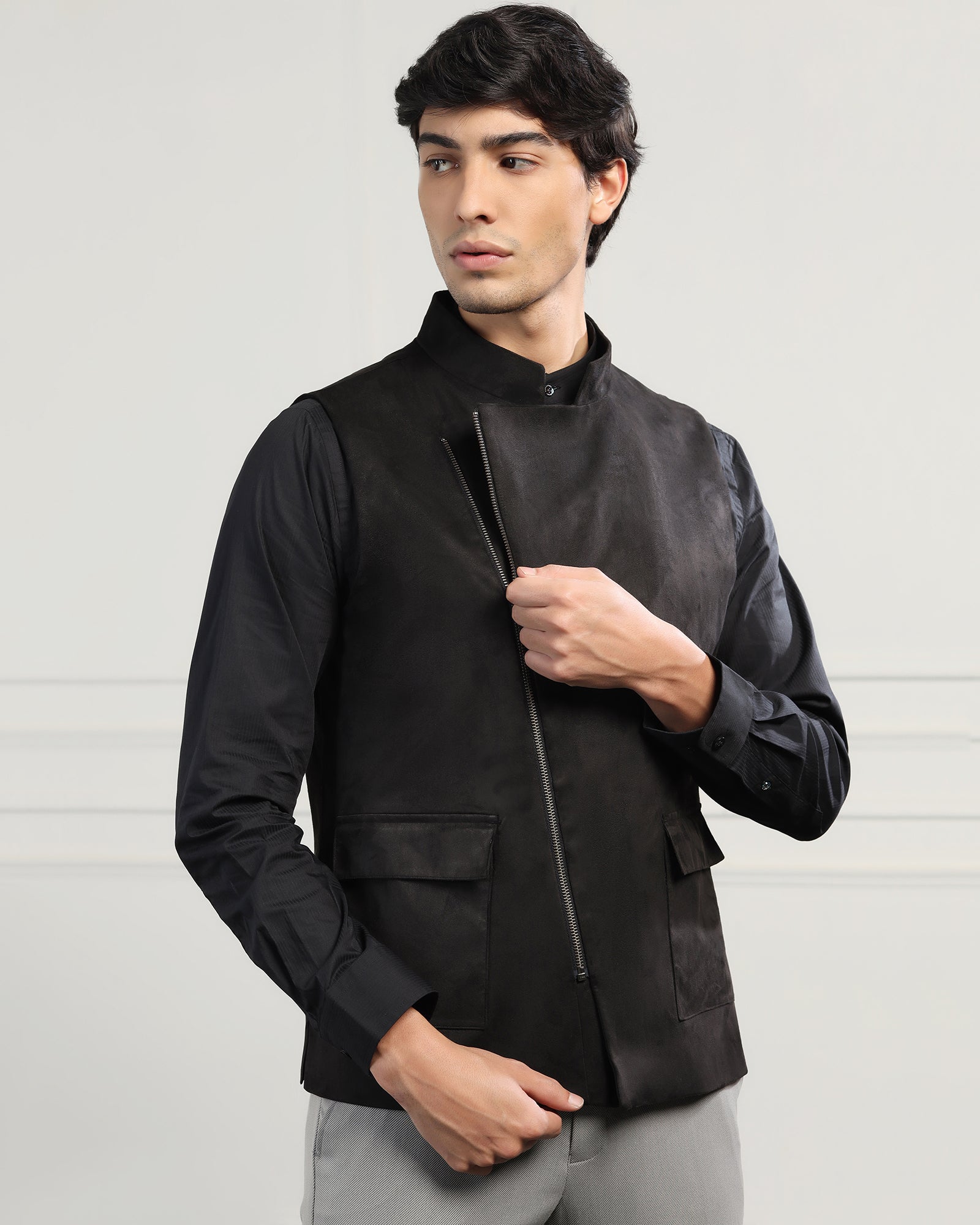 Bandhgala Formal Black Solid Waistcoat - Panther