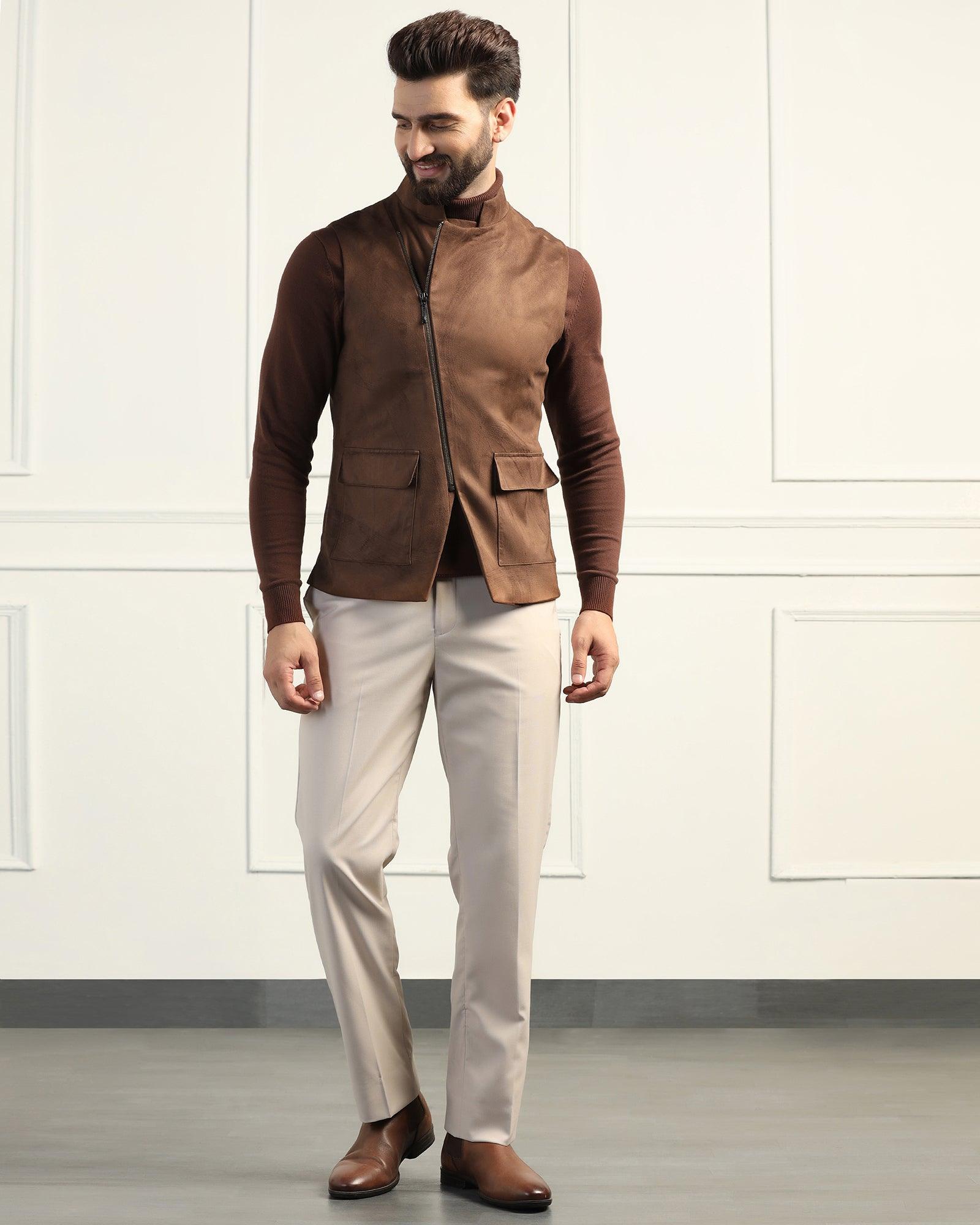 Bandhgala Formal Tobacco Brown Solid Waistcoat - Panther