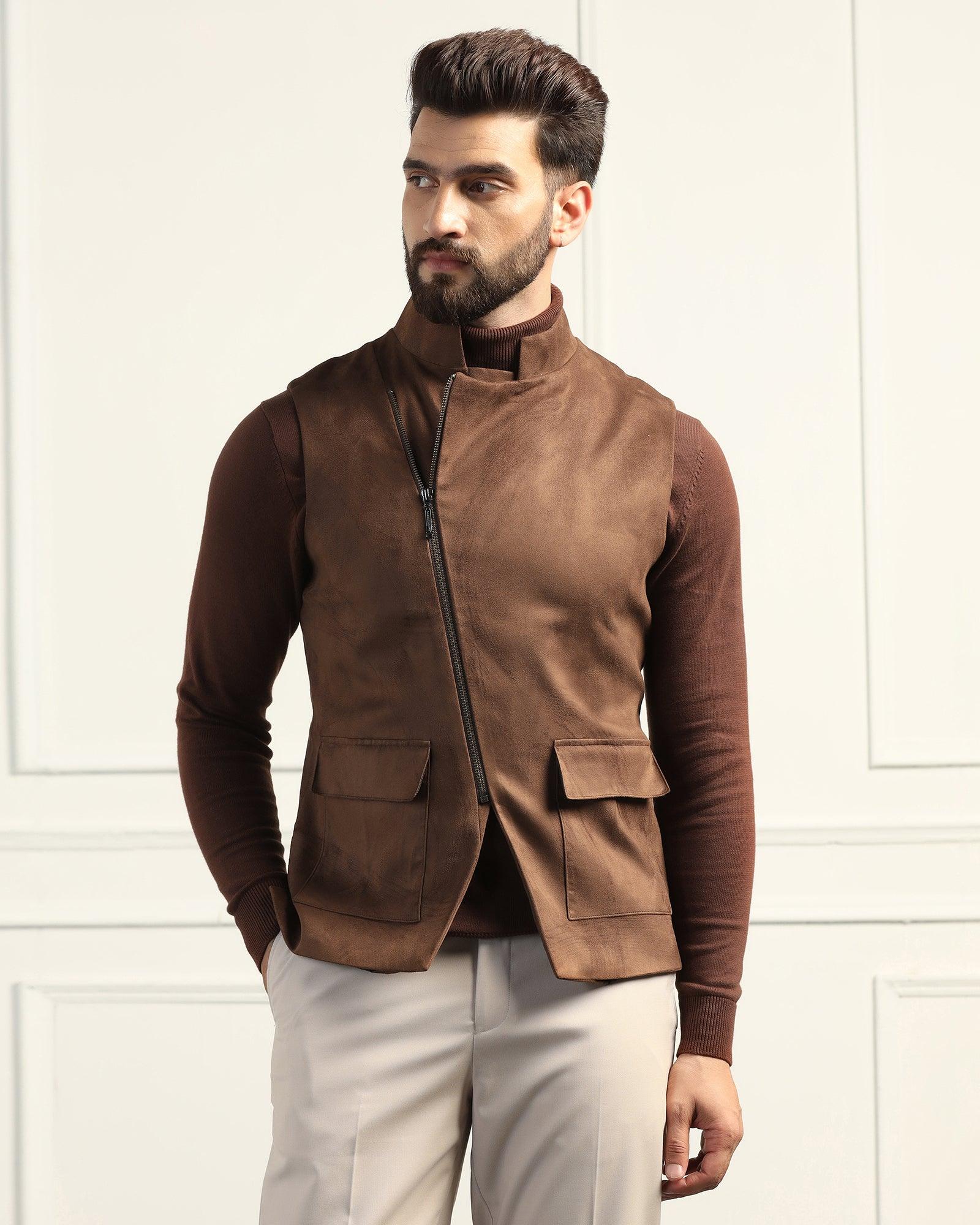 Bandhgala Formal Tobacco Brown Solid Waistcoat - Panther