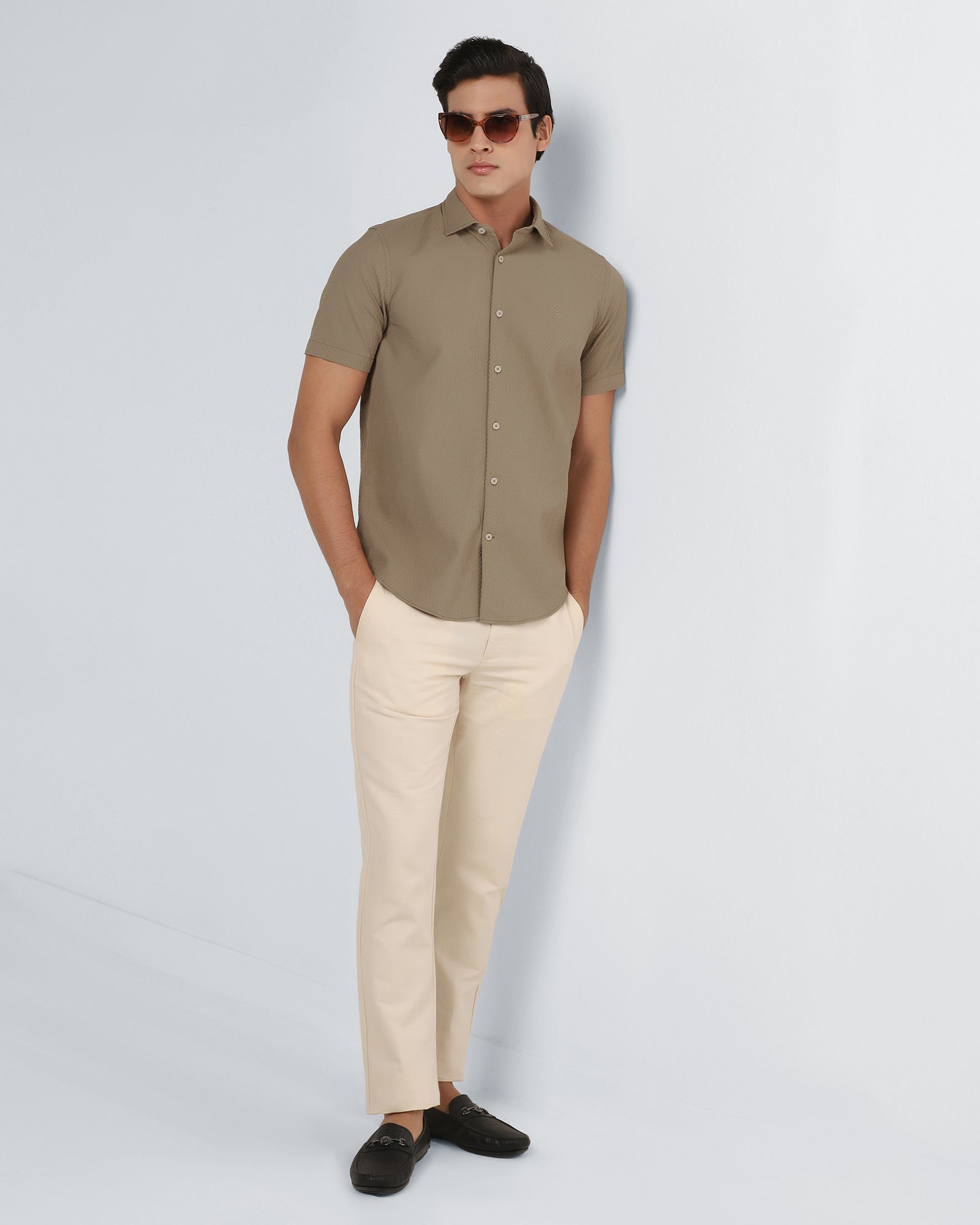 Beige Half Sleeve Textured Shirt - Kratos