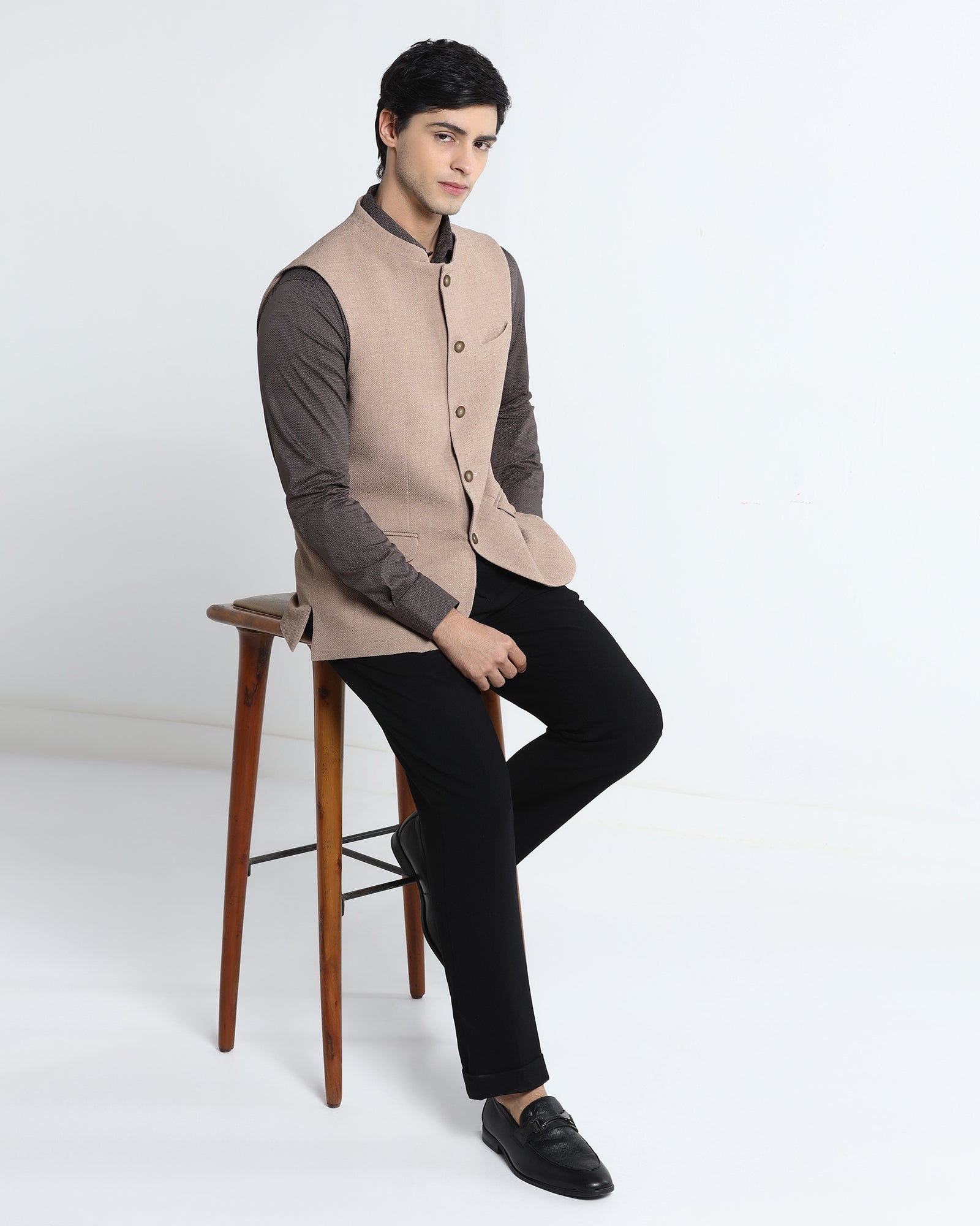 Beige Bandhgala Textured Waistcoat - Cadens