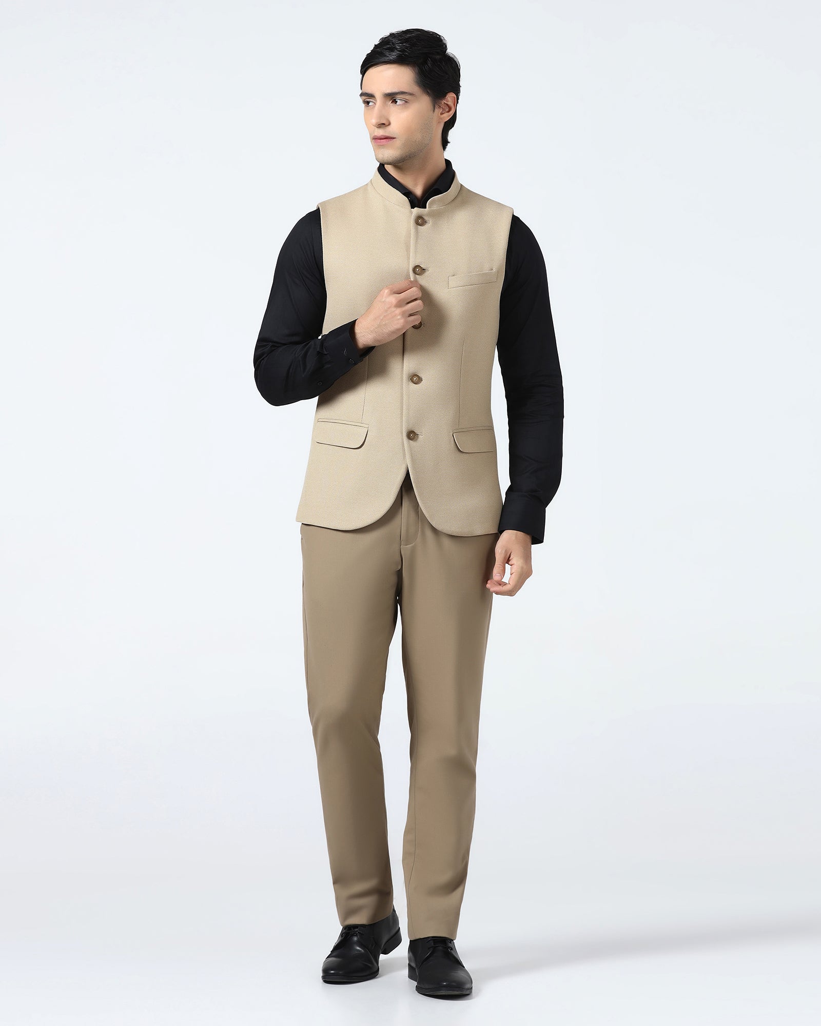 Beige Bandhgala Textured Waistcoat - Levon