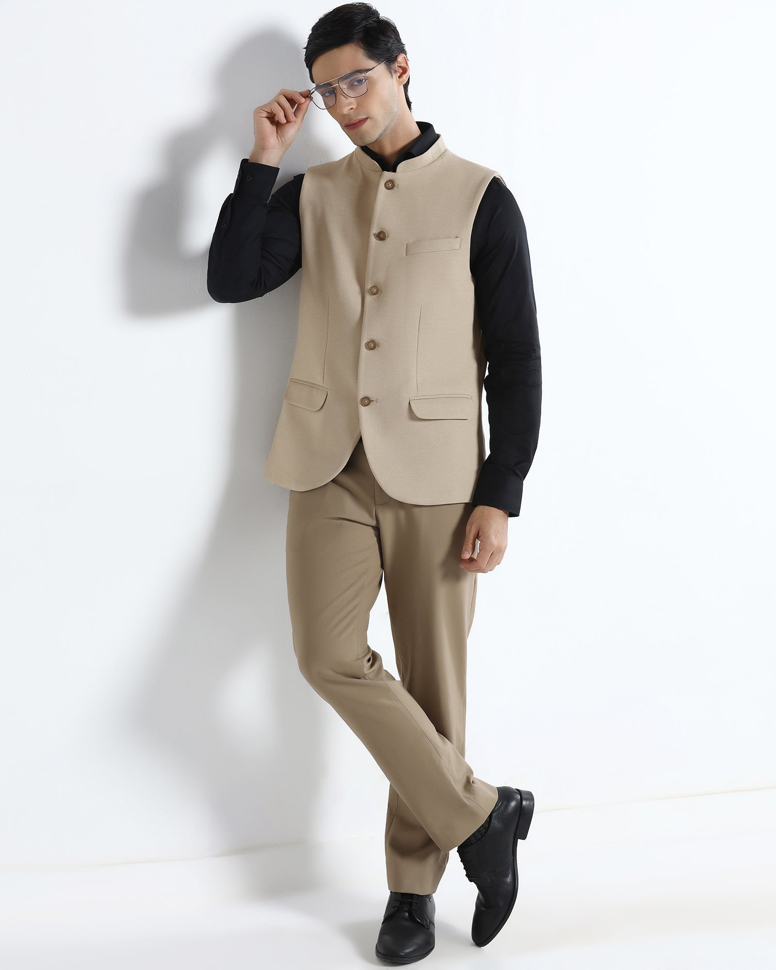 Beige Bandhgala Textured Waistcoat - Levon