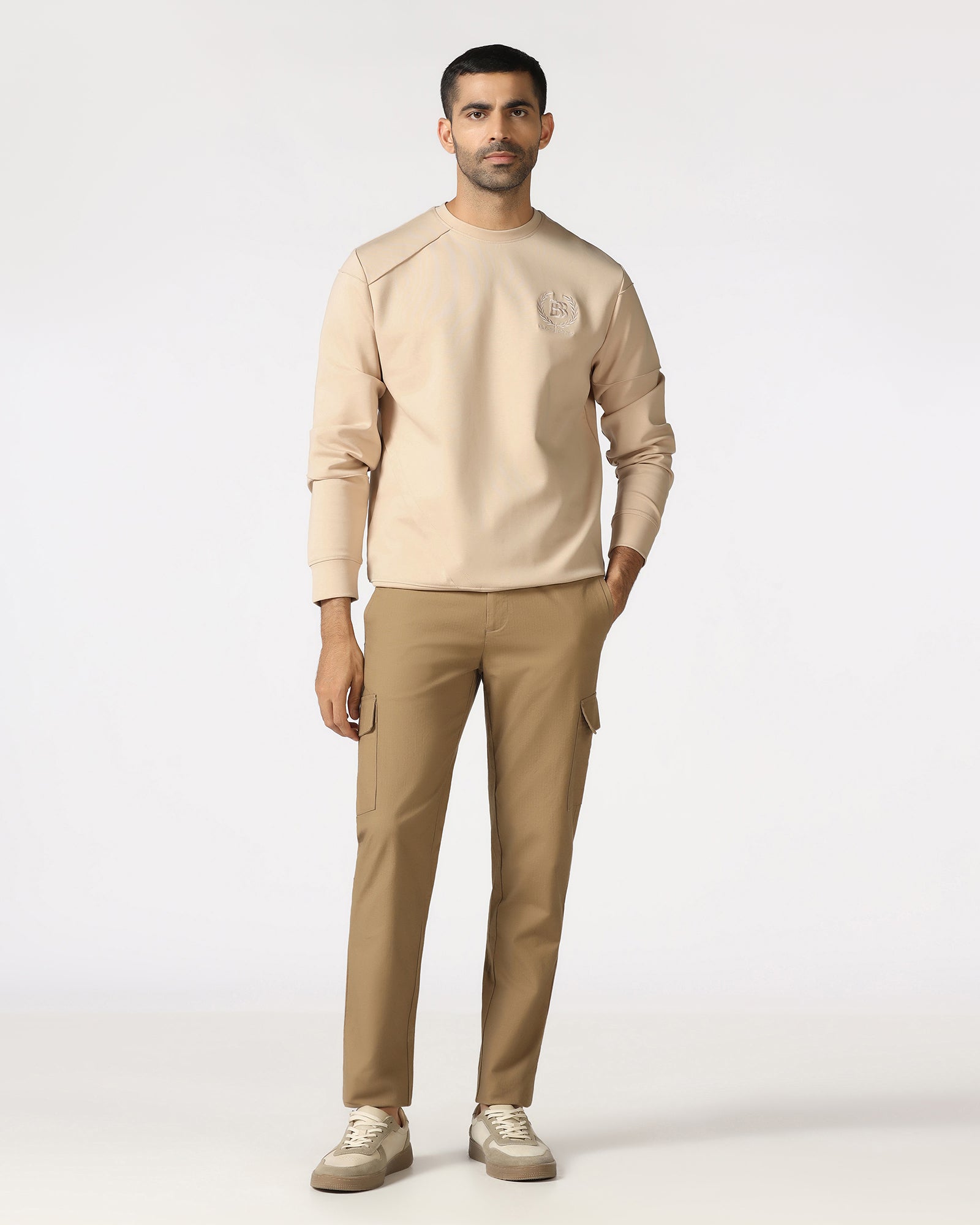 Beige Crew Neck Solid Sweatshirt - Dapper