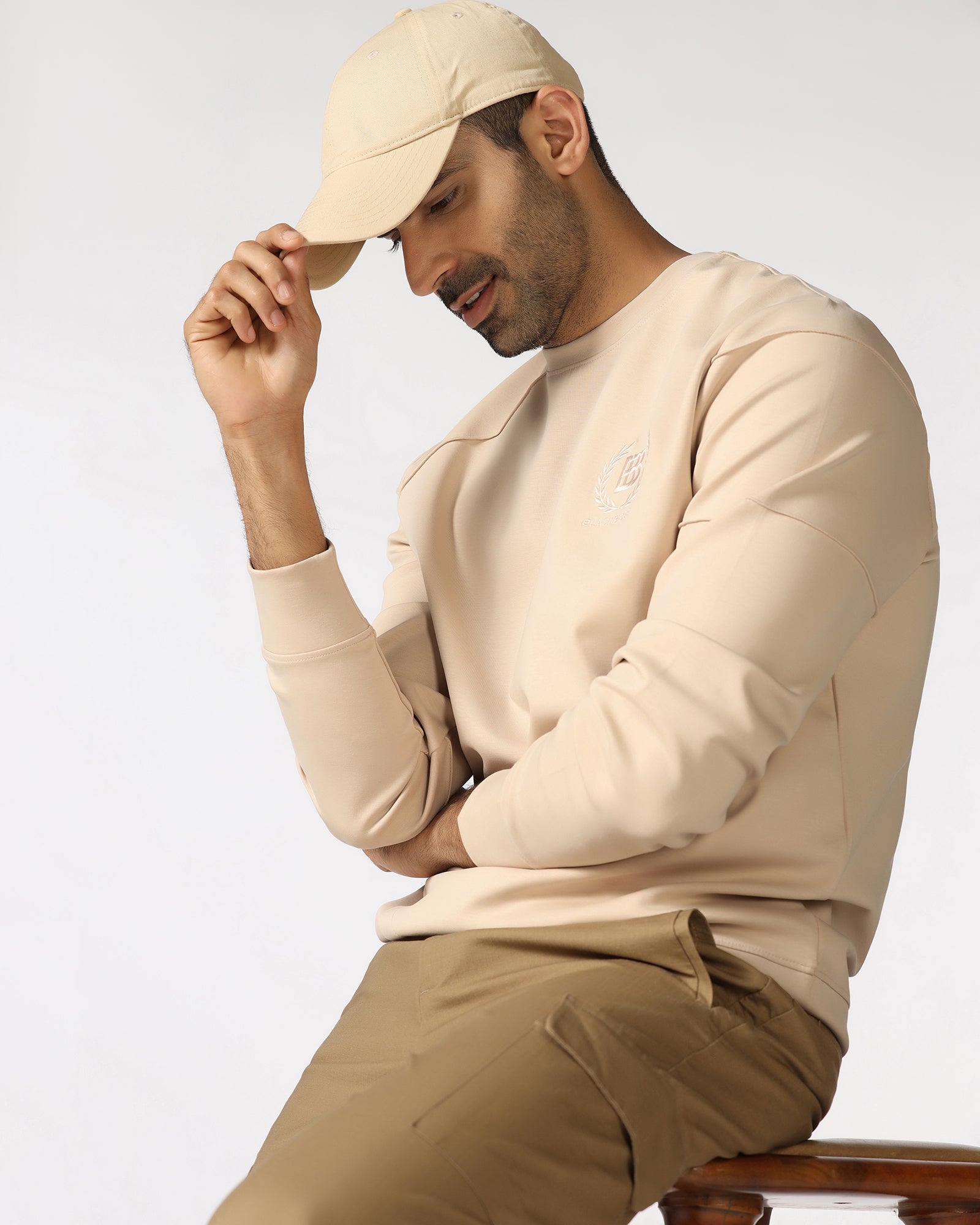 Beige Crew Neck Solid Sweatshirt - Dapper