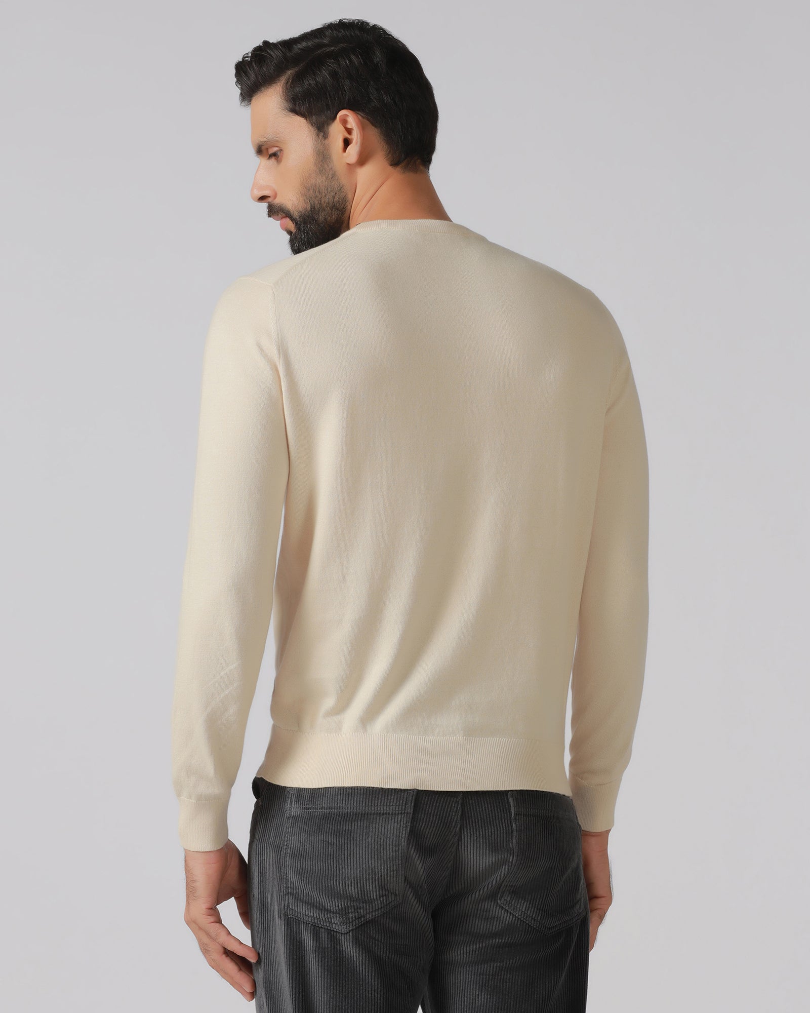 Beige Crew Neck Solid Sweater - Mario