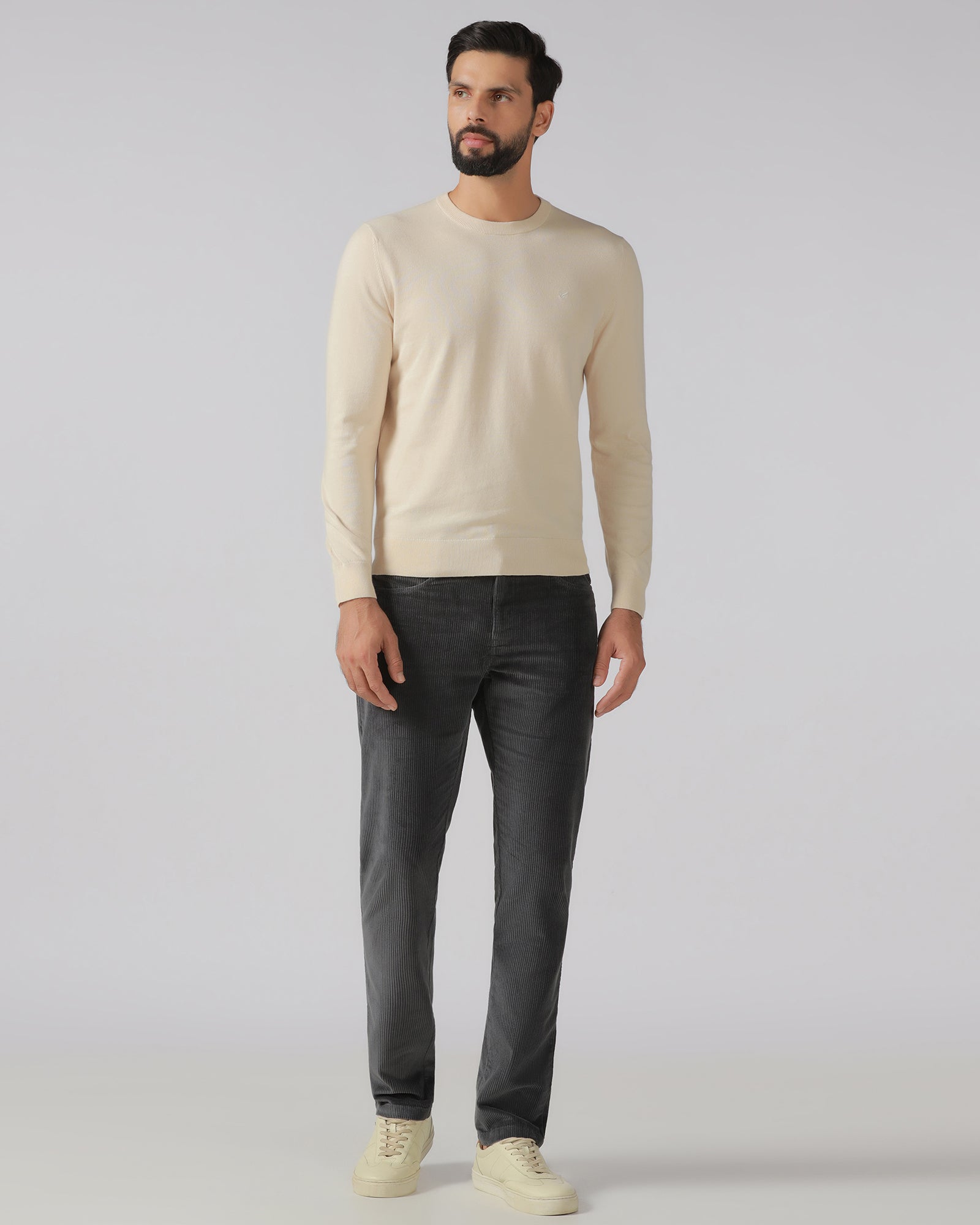 Beige Crew Neck Solid Sweater - Mario