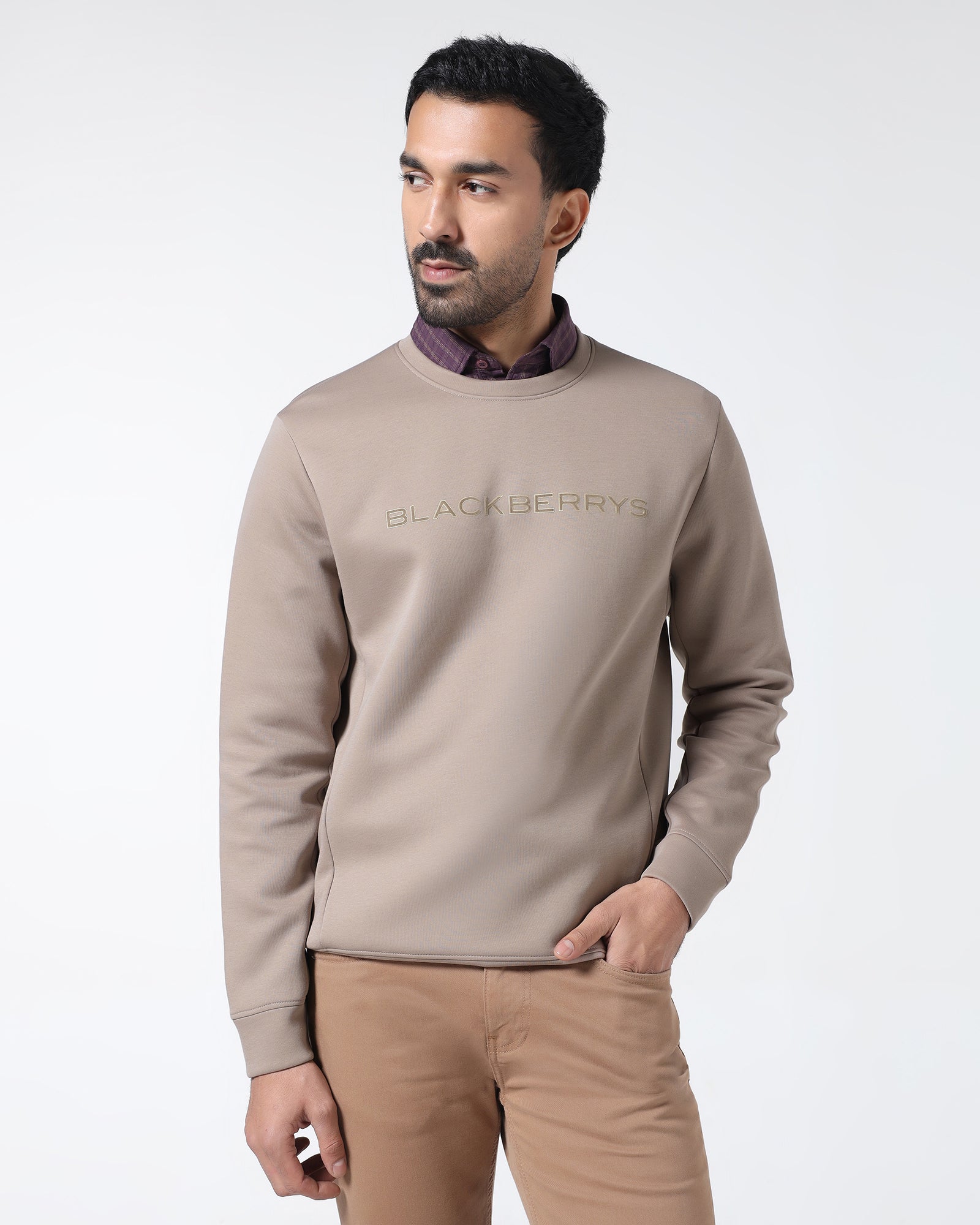 Beige Crew Neck Solid Sweatshirt - Rio
