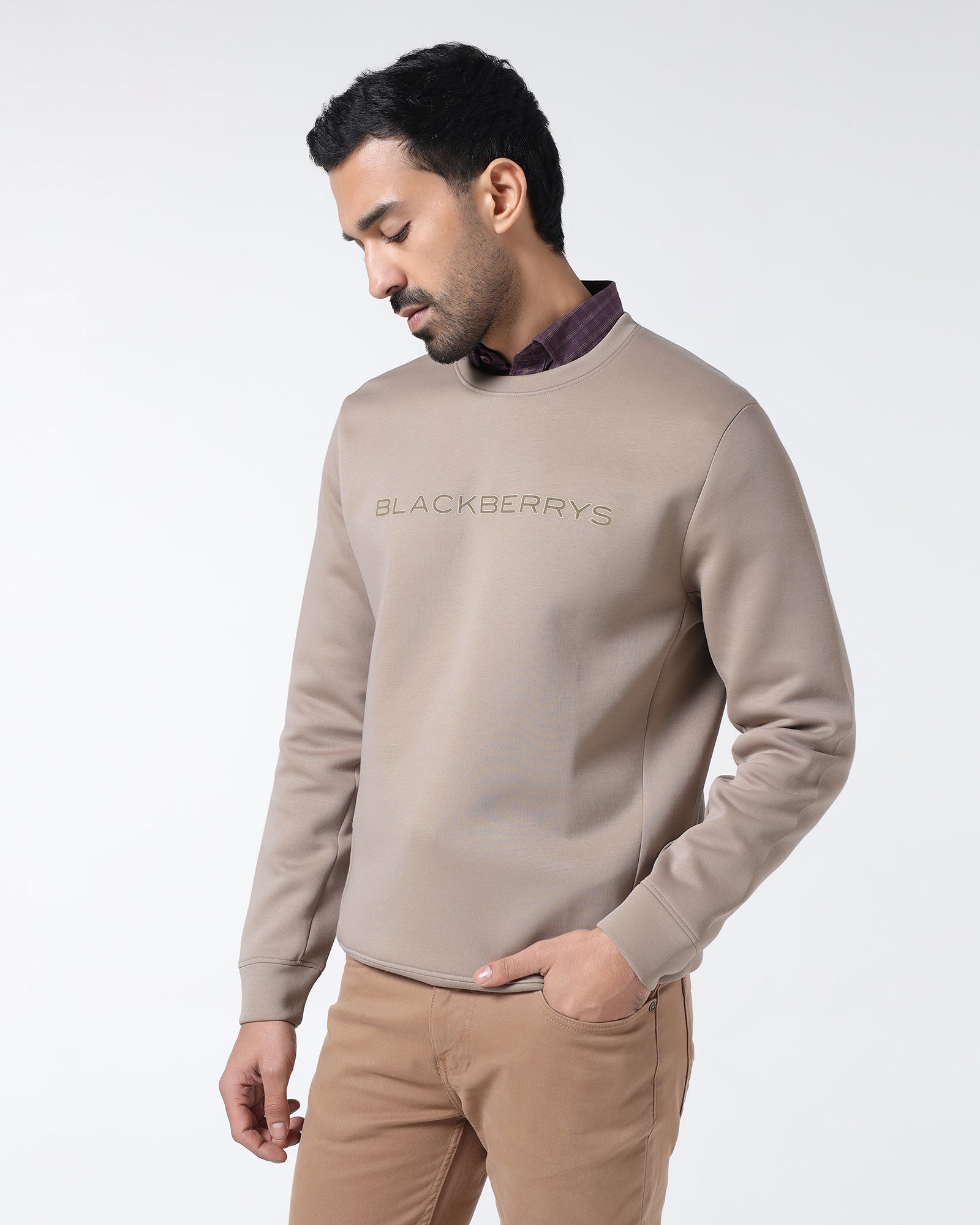 Beige Crew Neck Solid Sweatshirt - Rio
