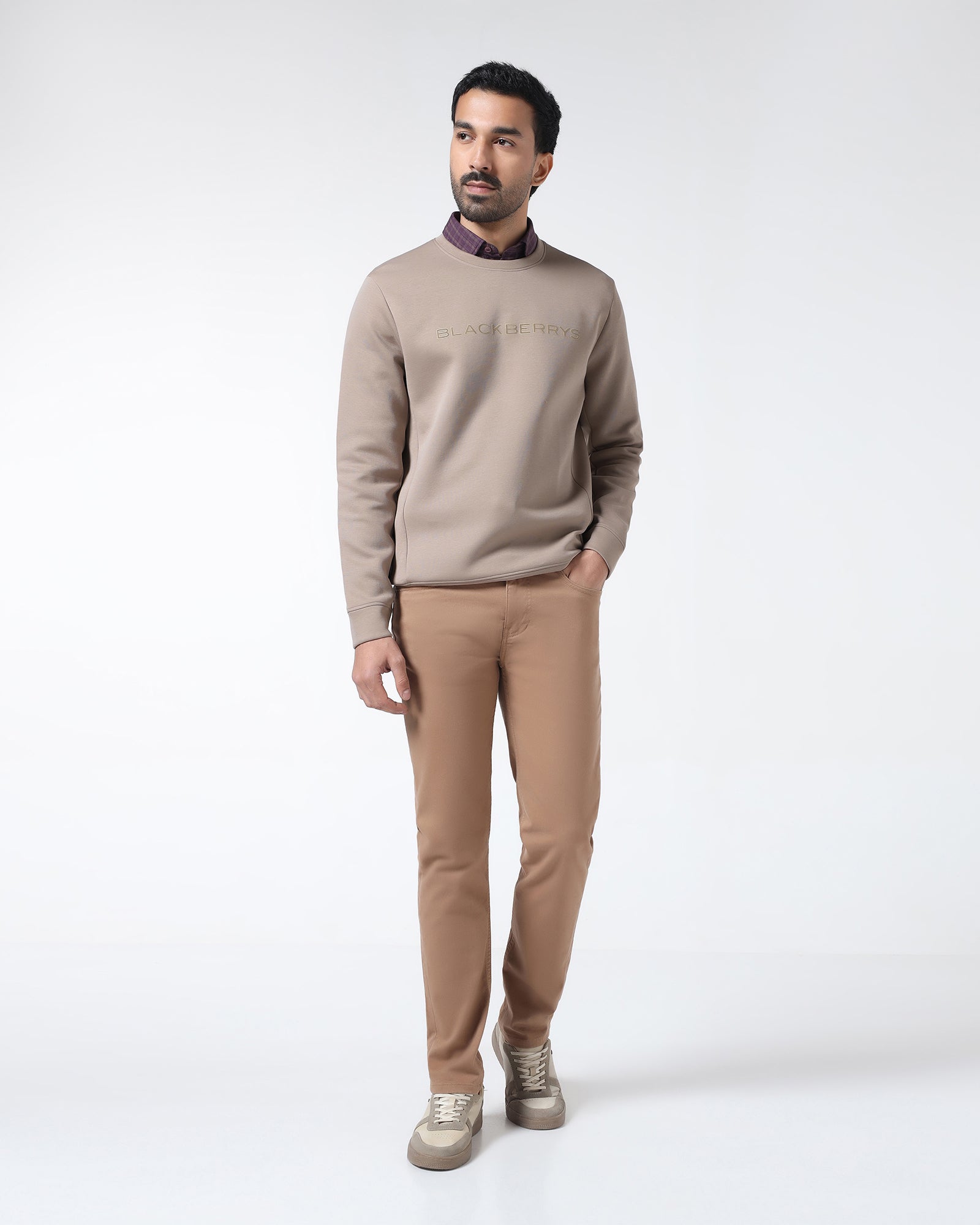 Beige Crew Neck Solid Sweatshirt - Rio