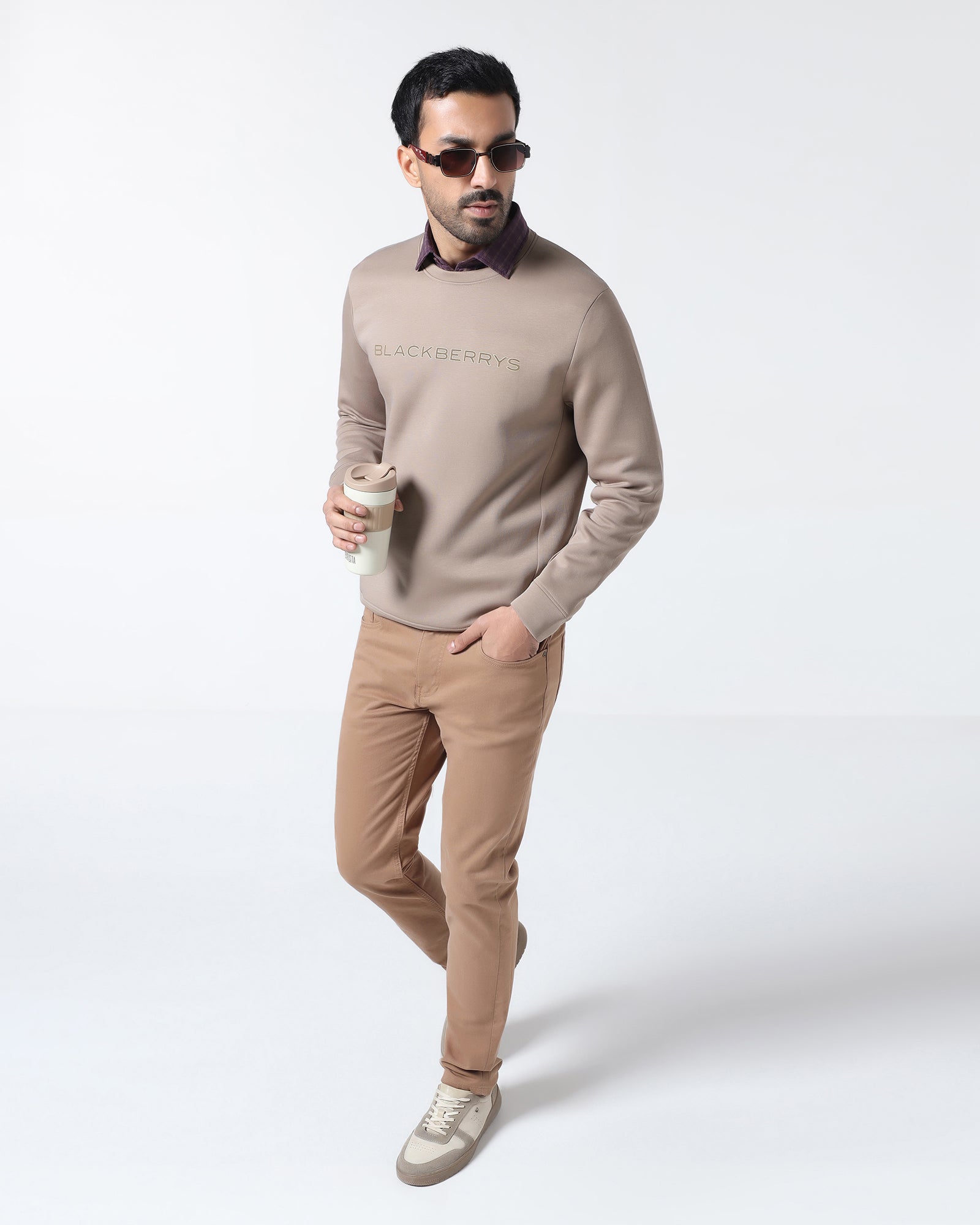 Beige Crew Neck Solid Sweatshirt - Rio