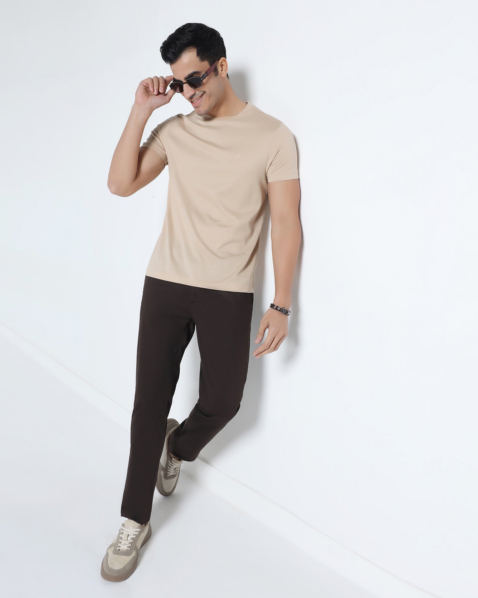 Beige Crew Neck Solid T-Shirt - Peralta