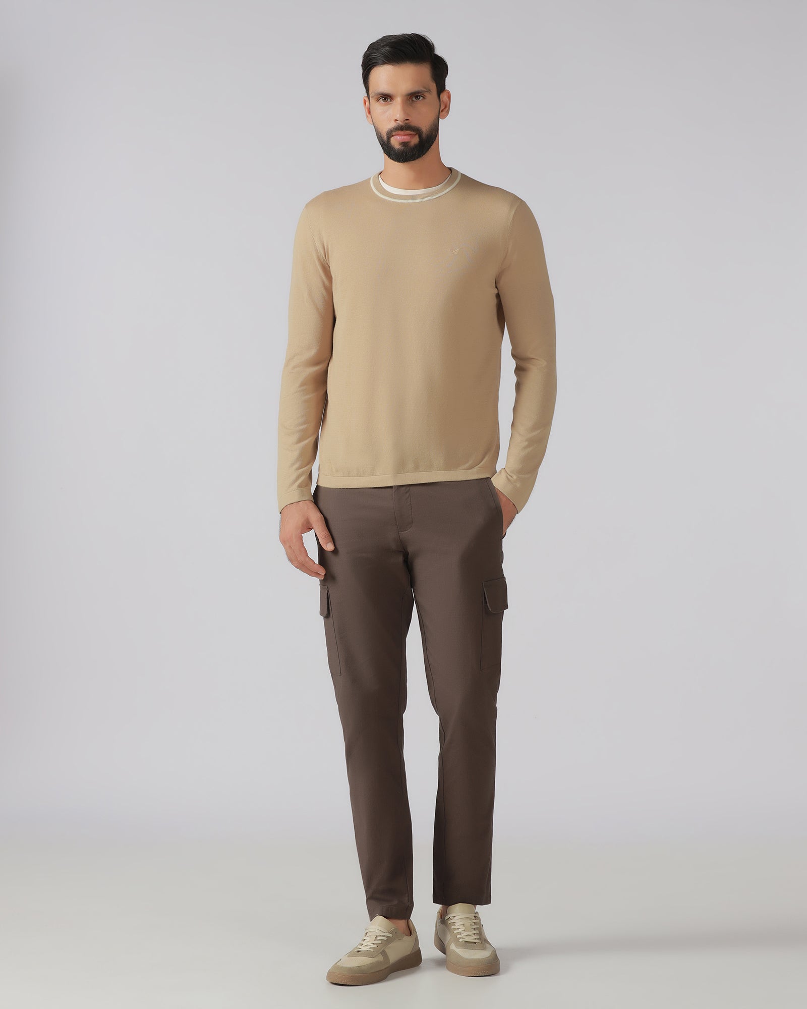 Beige Crew Neck Solid T-Shirt - Timber