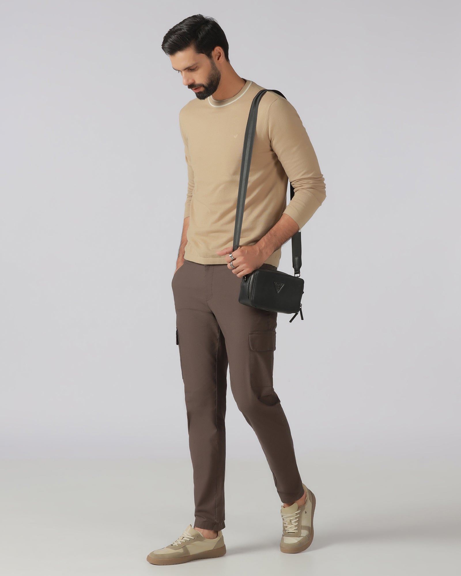 Beige Crew Neck Solid T-Shirt - Timber