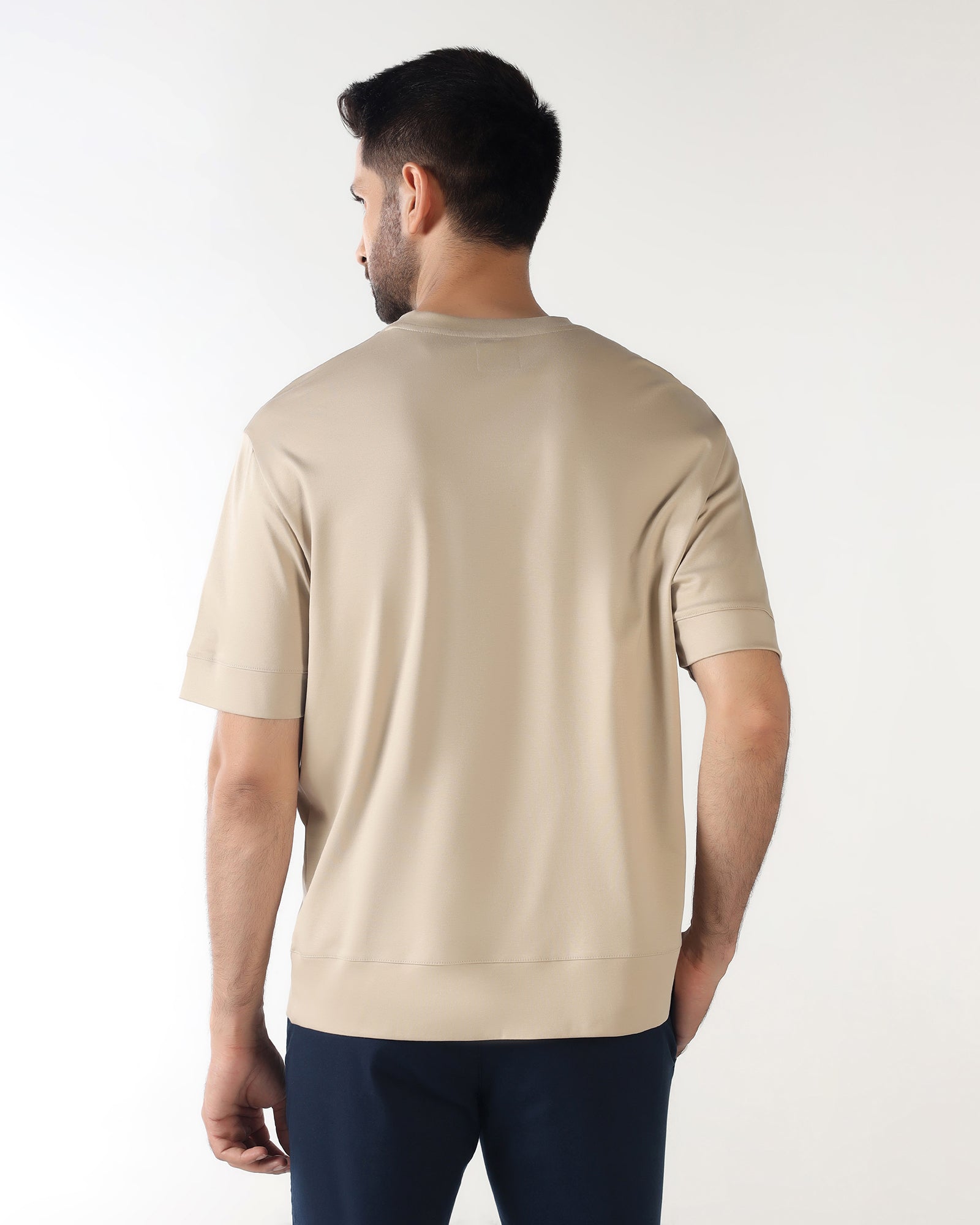 Beige Crew Neck Solid T-Shirt - Toss