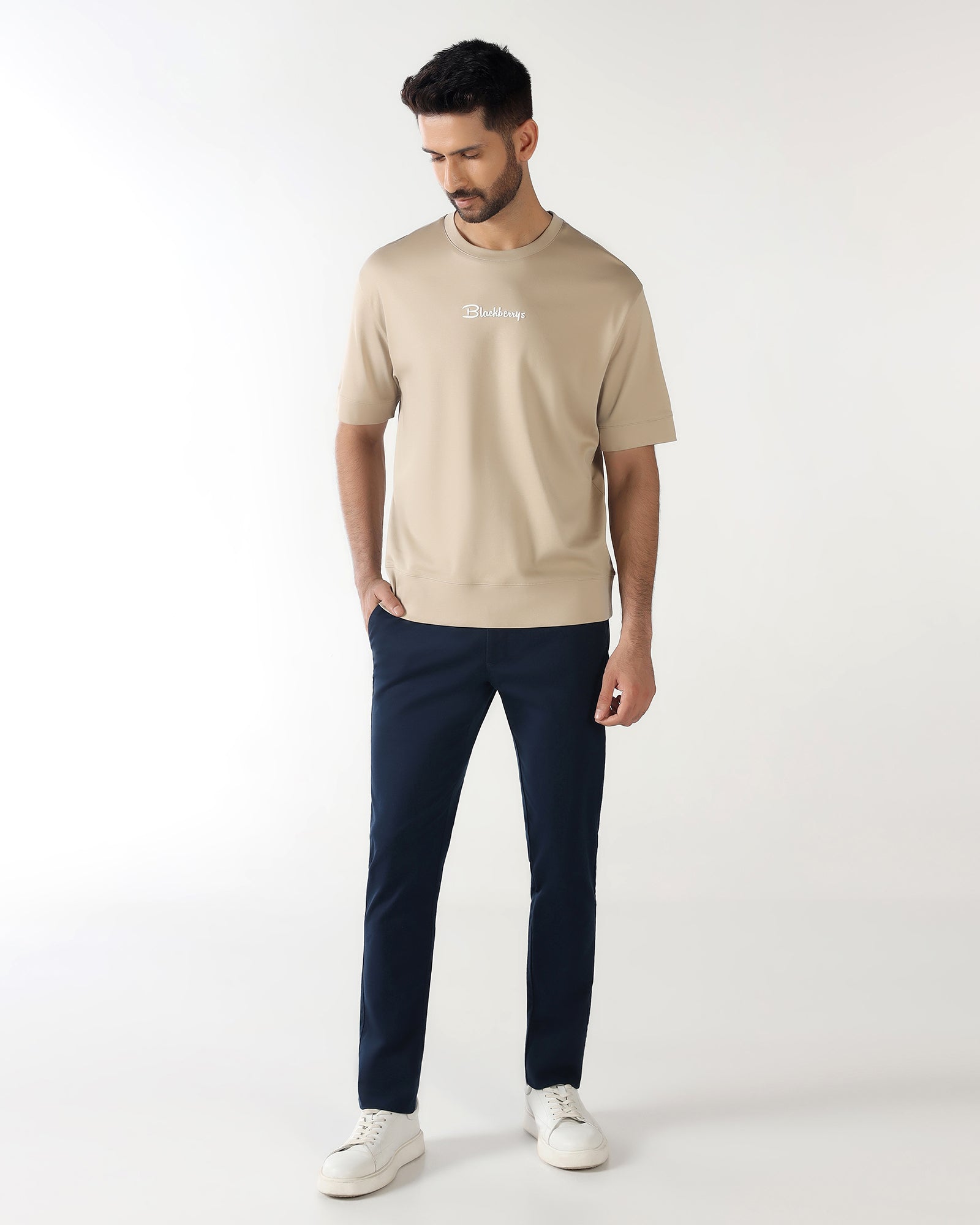 Beige Crew Neck Solid T-Shirt - Toss