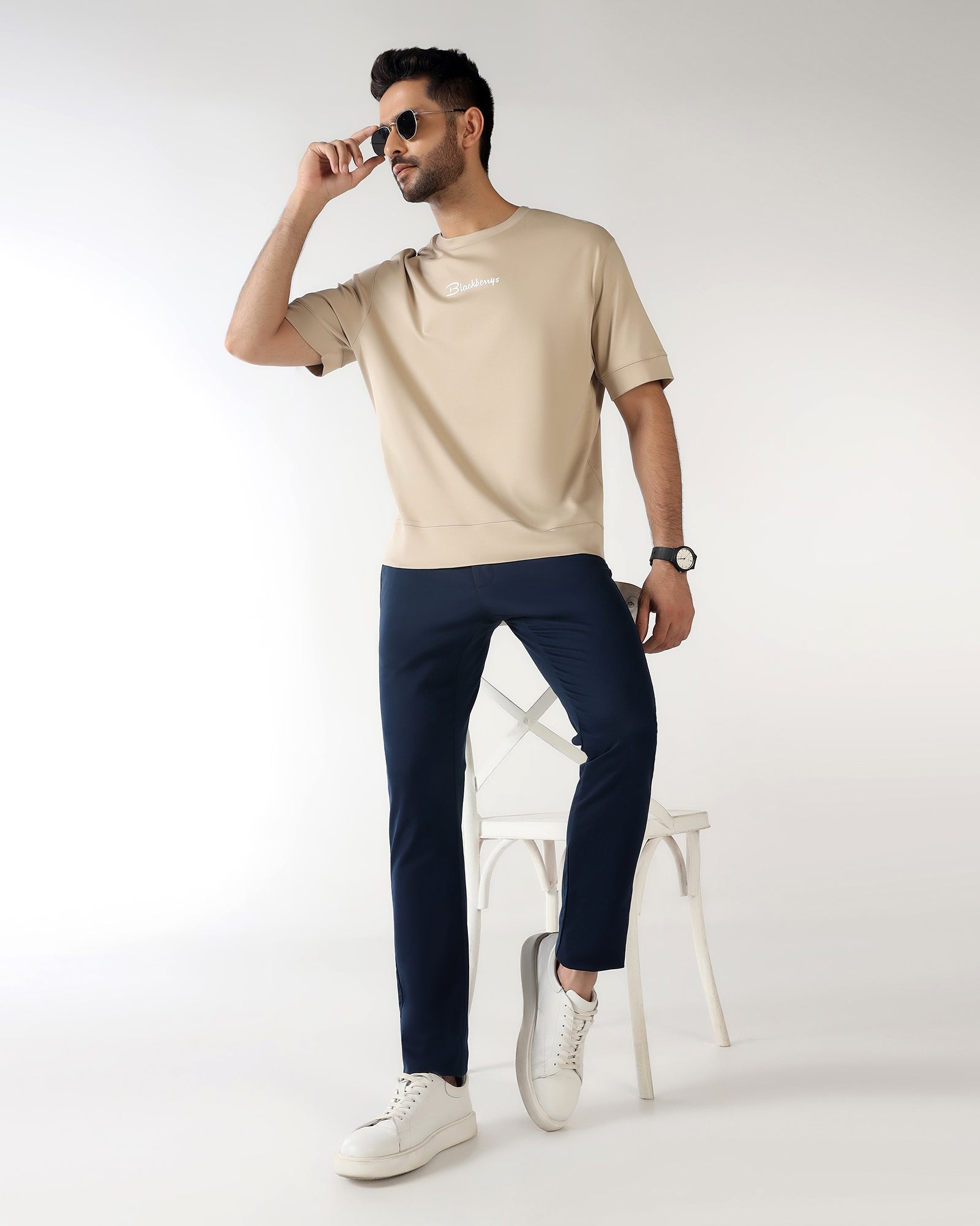 Beige Crew Neck Solid T-Shirt - Toss
