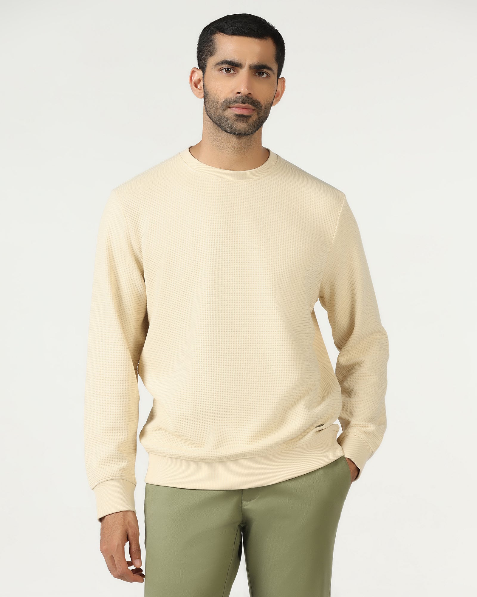 Beige Crew Neck Textured Sweatshirt - Pan