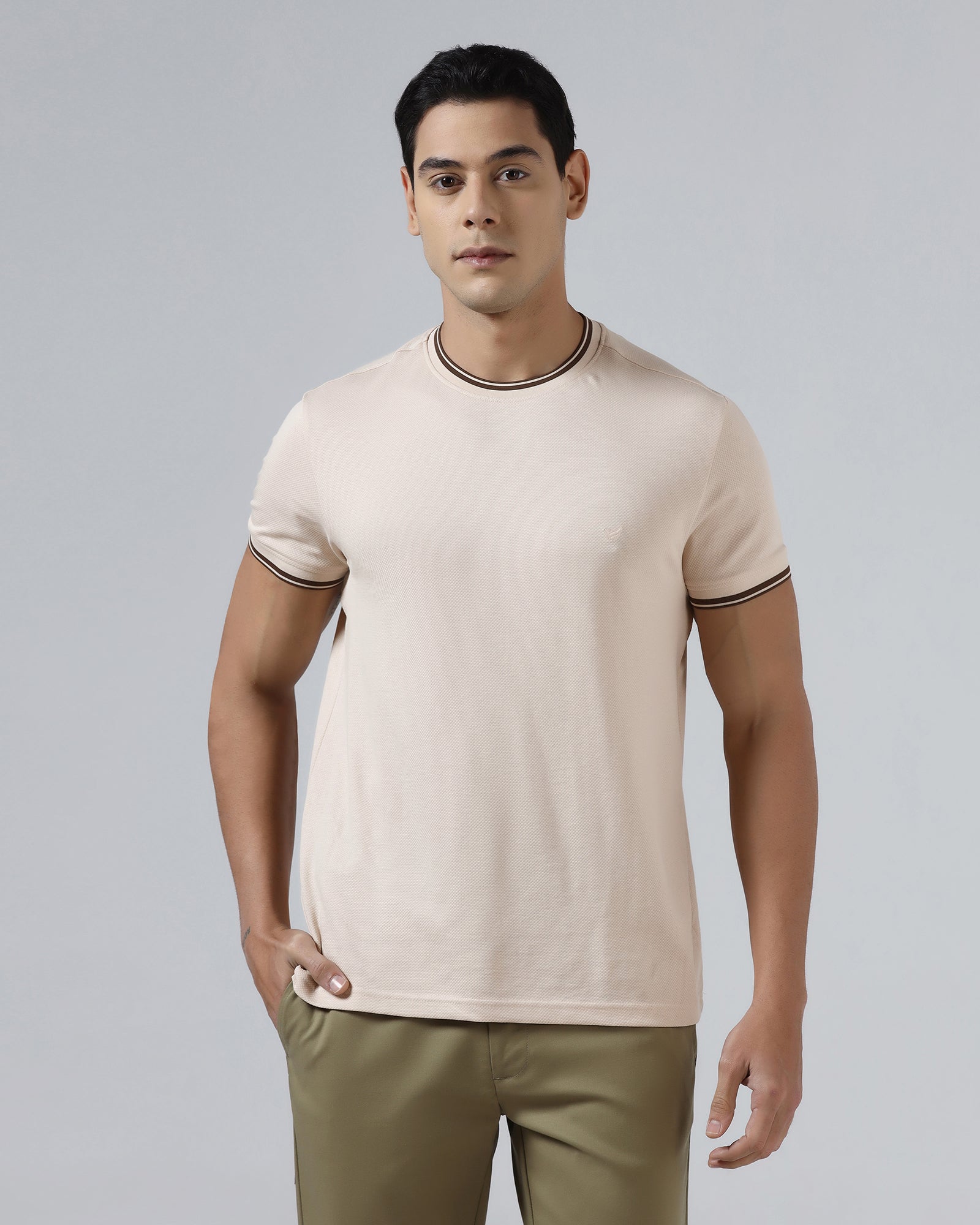 Beige Crew Neck Textured T-Shirt - Doloras