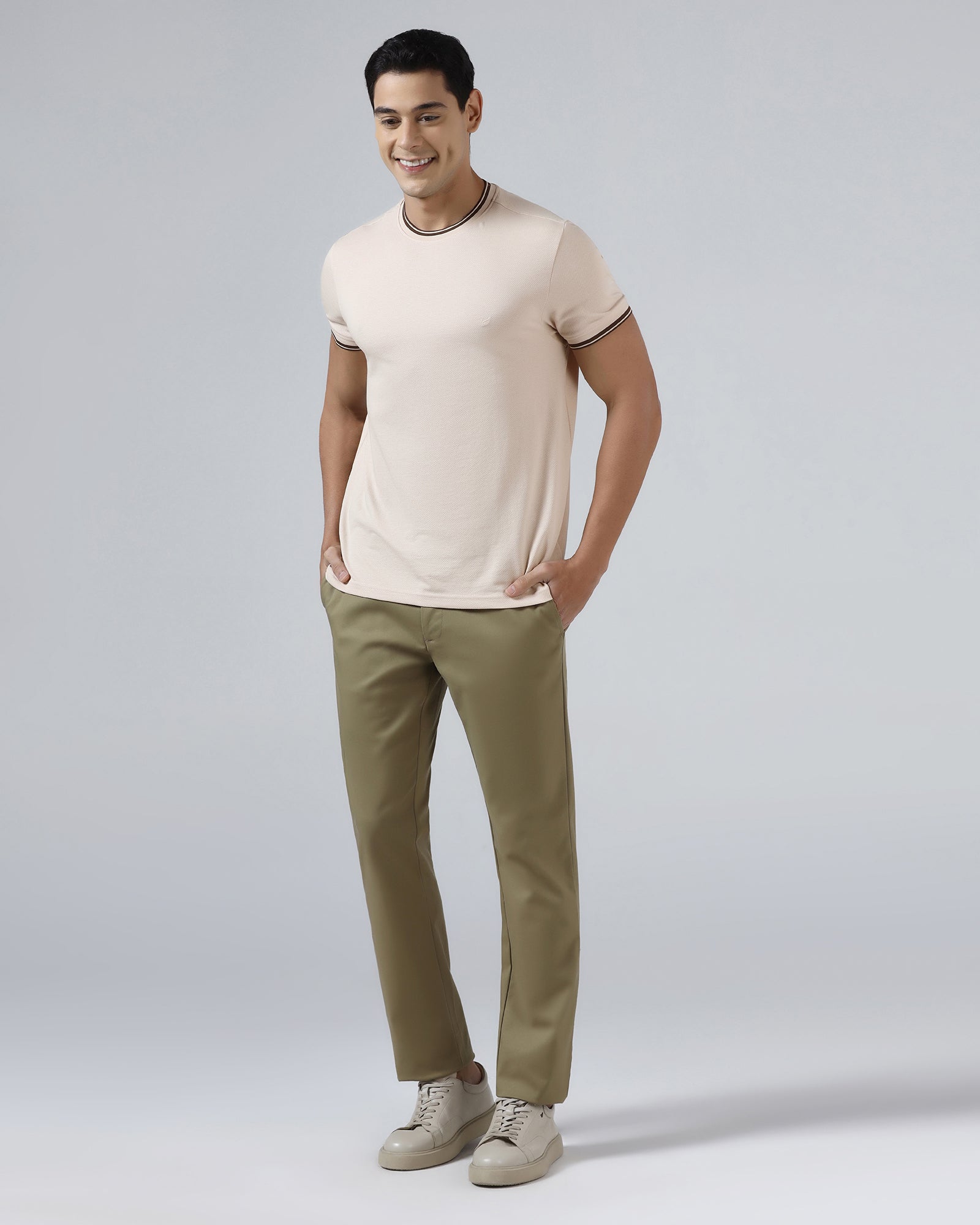 Beige Crew Neck Textured T-Shirt - Doloras