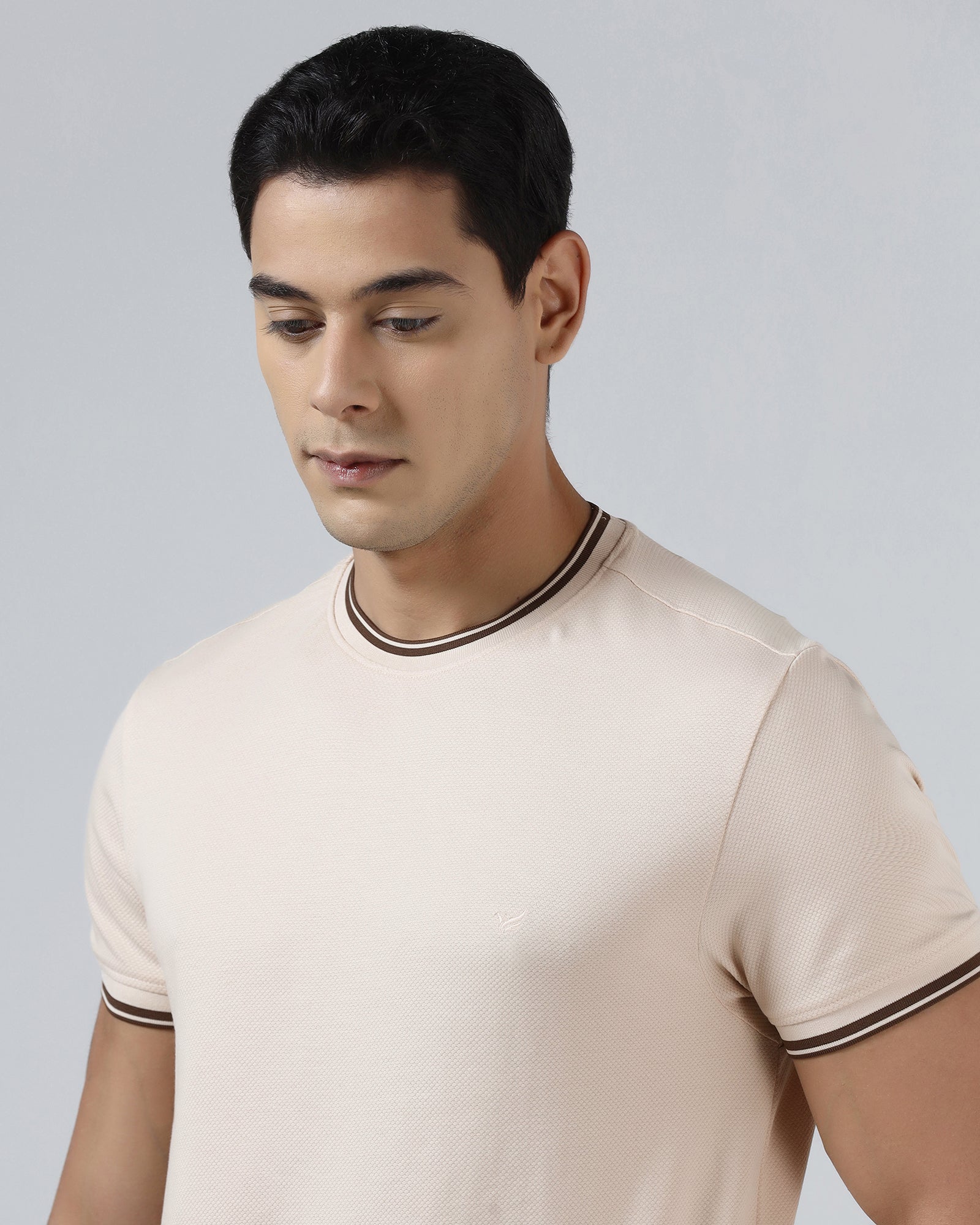 Beige Crew Neck Textured T-Shirt - Doloras