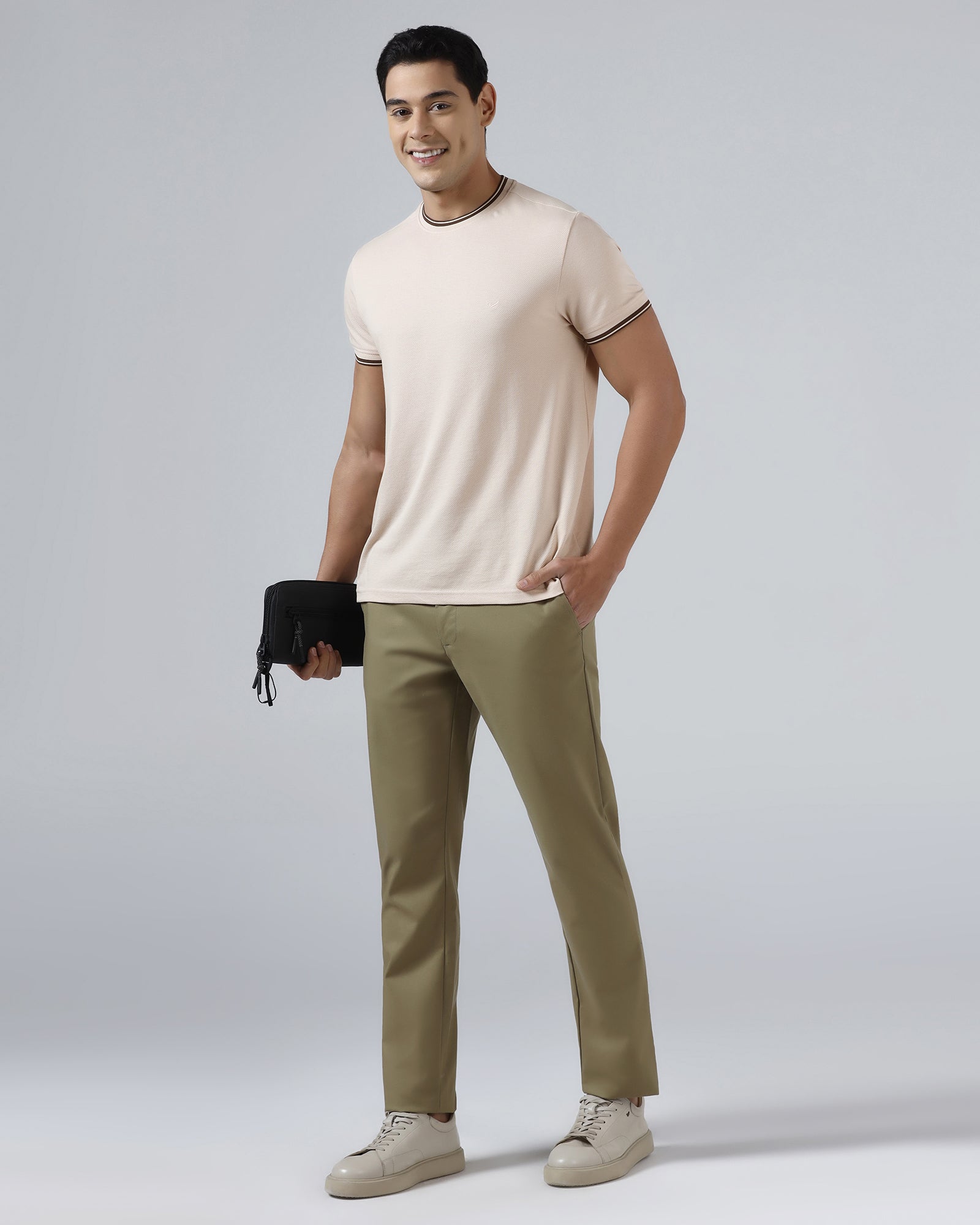 Beige Crew Neck Textured T-Shirt - Doloras