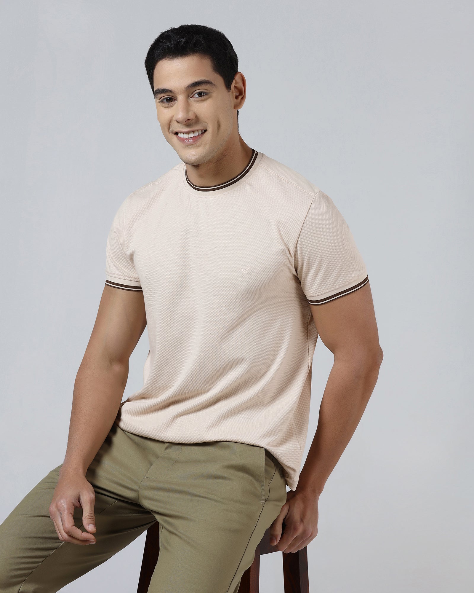 Beige Crew Neck Textured T-Shirt - Doloras