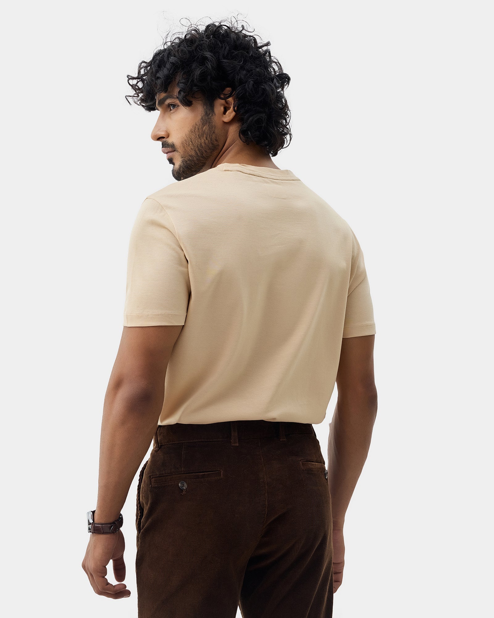 Beige Crew Neck Textured T-Shirt - Yamazaki