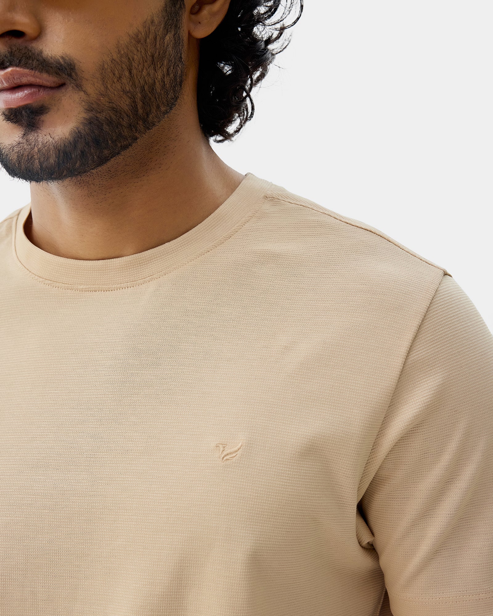 Beige Crew Neck Textured T-Shirt - Yamazaki