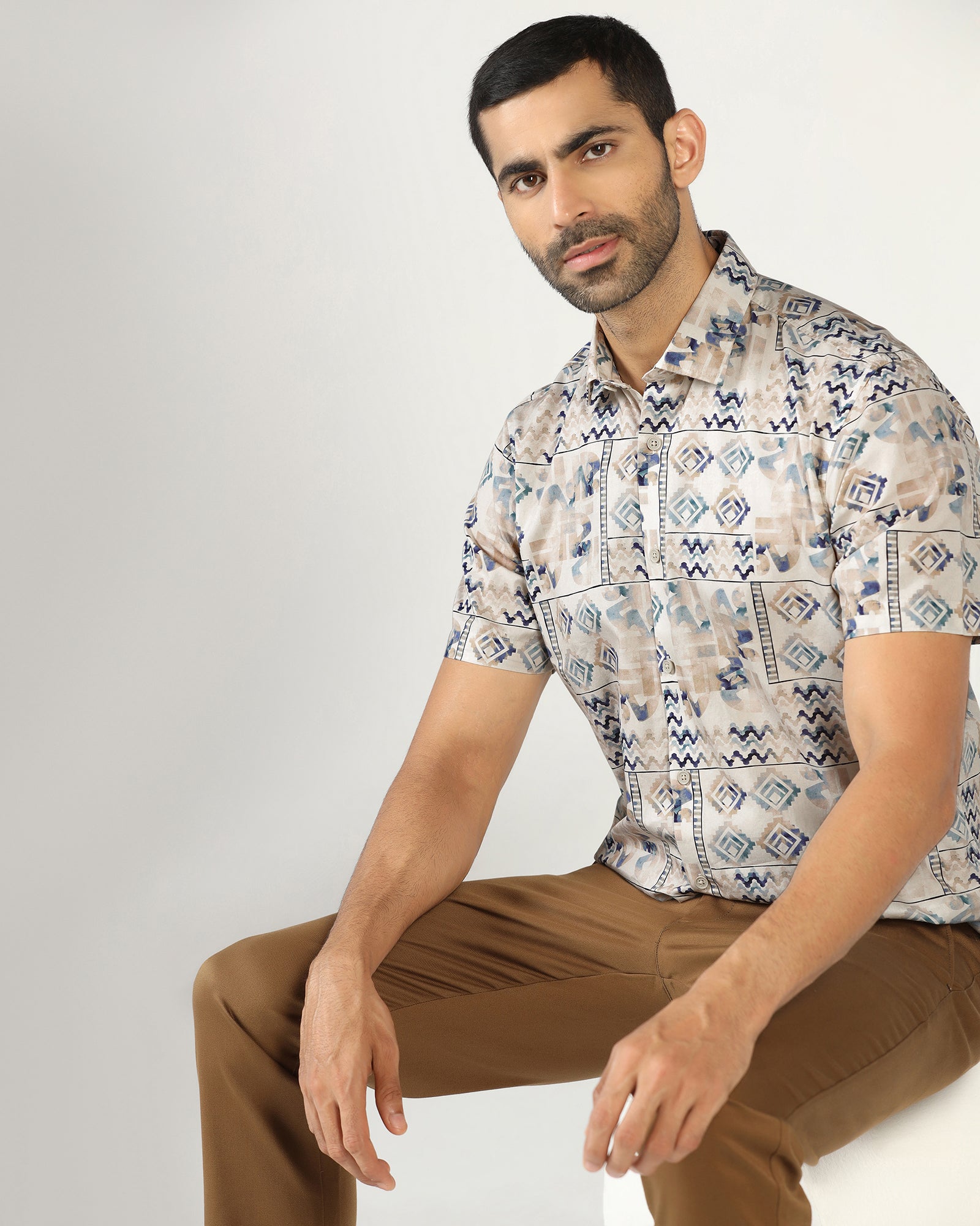 Beige Half Sleeve Printed Shirt - Ryne