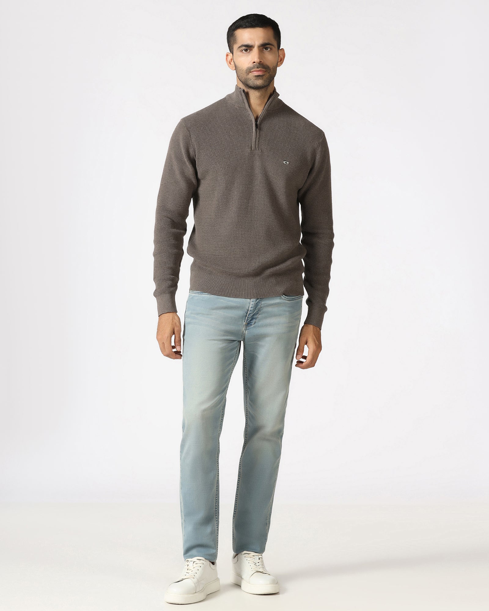 Beige High Neck Jacquard Sweatshirt - Price