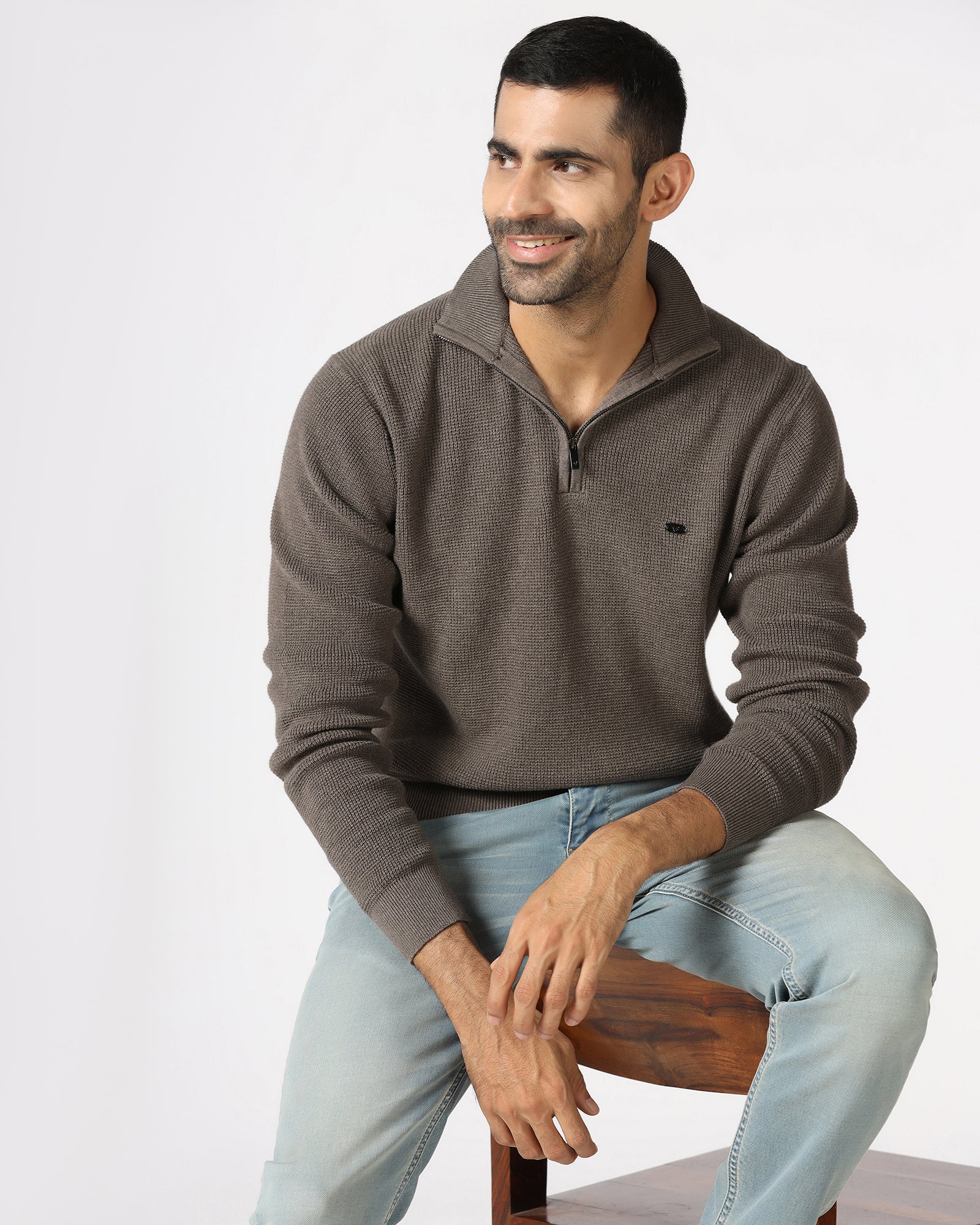 Beige High Neck Jacquard Sweatshirt - Price