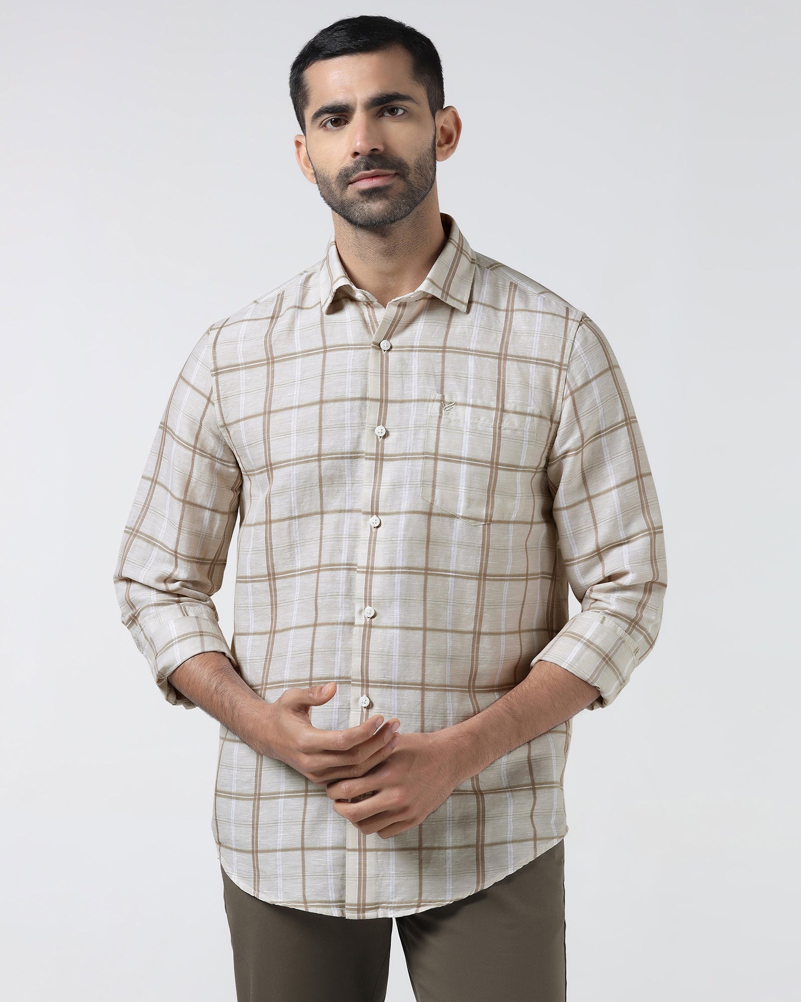 Beige Linen Check Shirt - Jomix