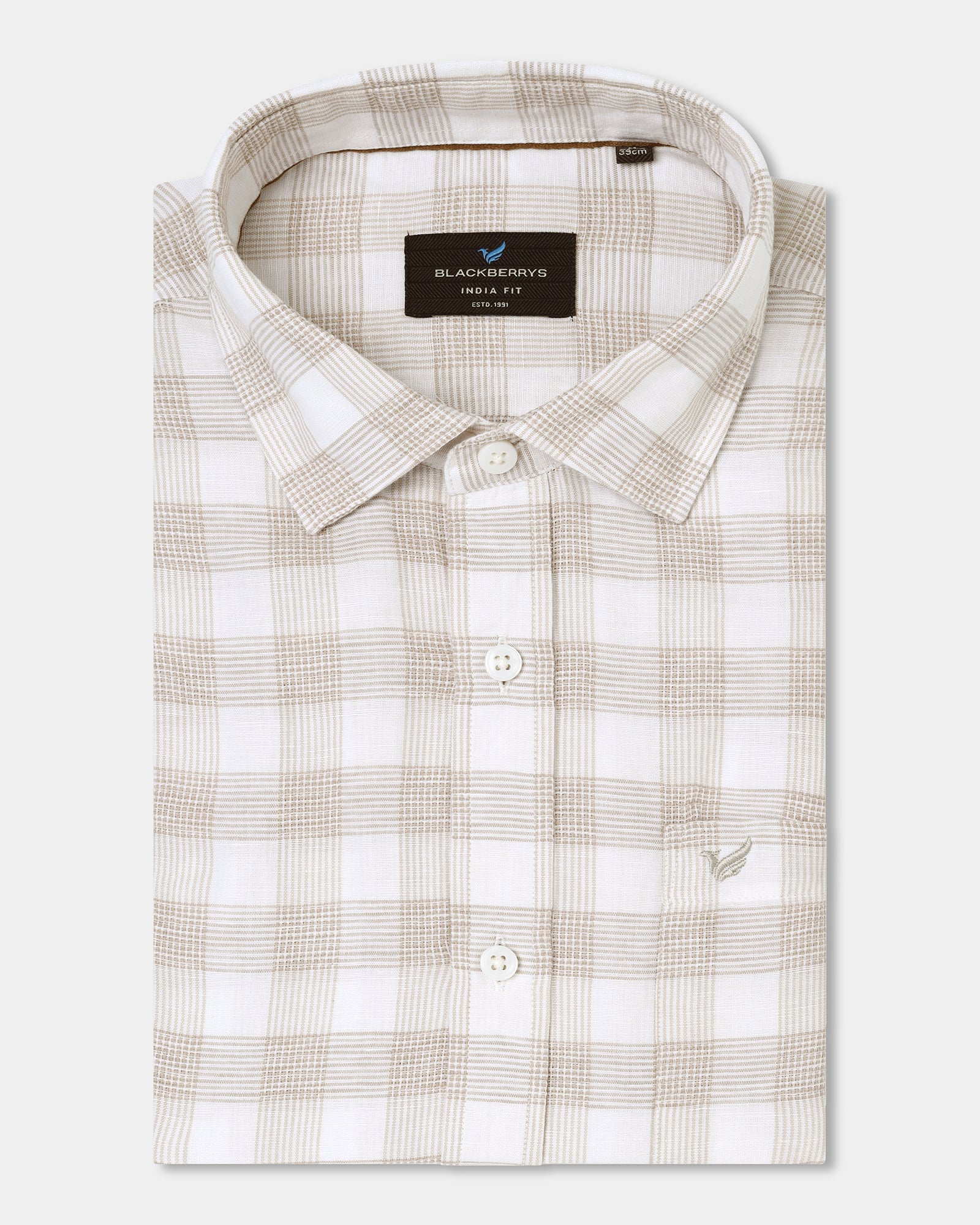 Beige Half Sleeve Linen Check Shirt - Yudi