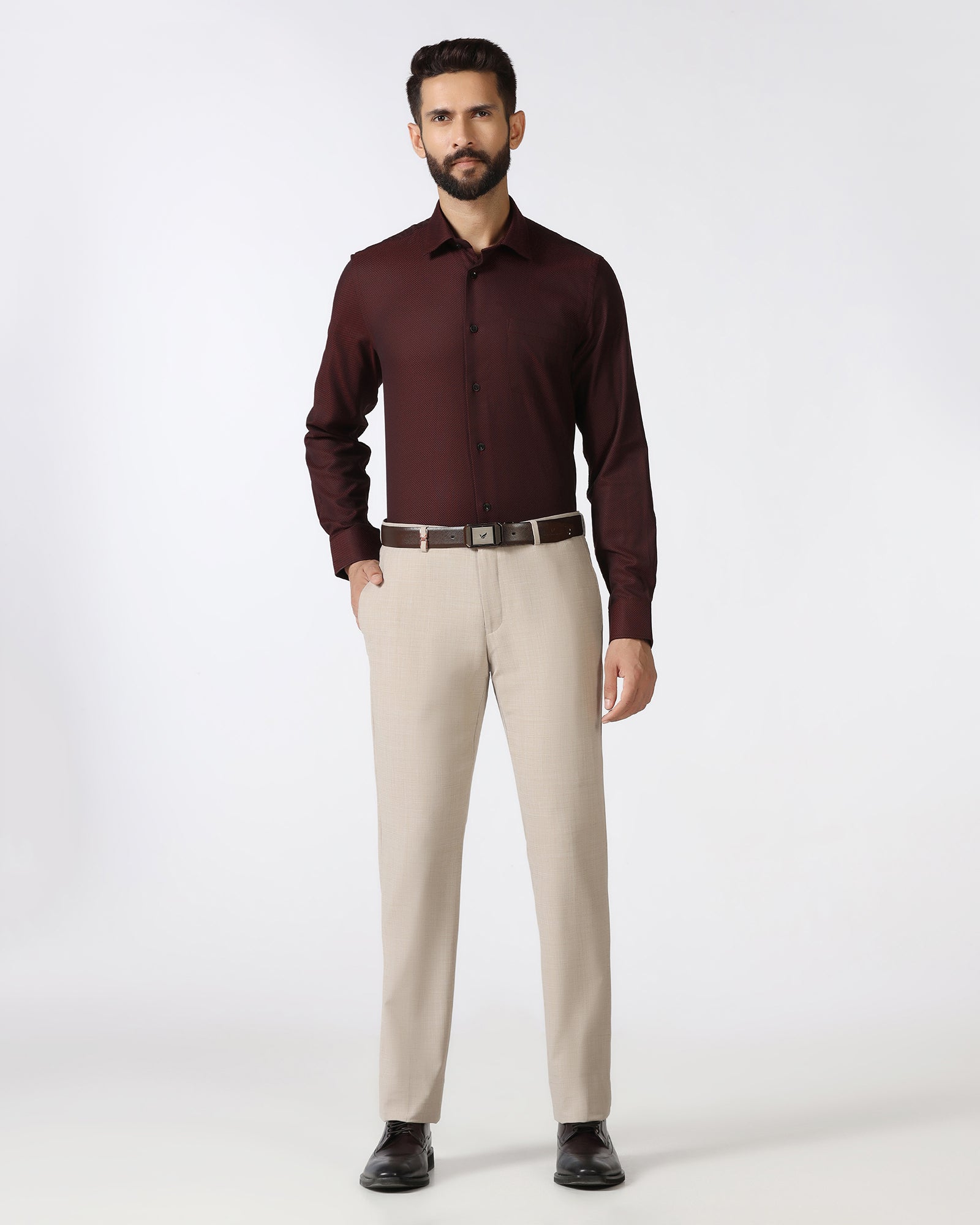 Beige Luxe Check Trouser - Portwine