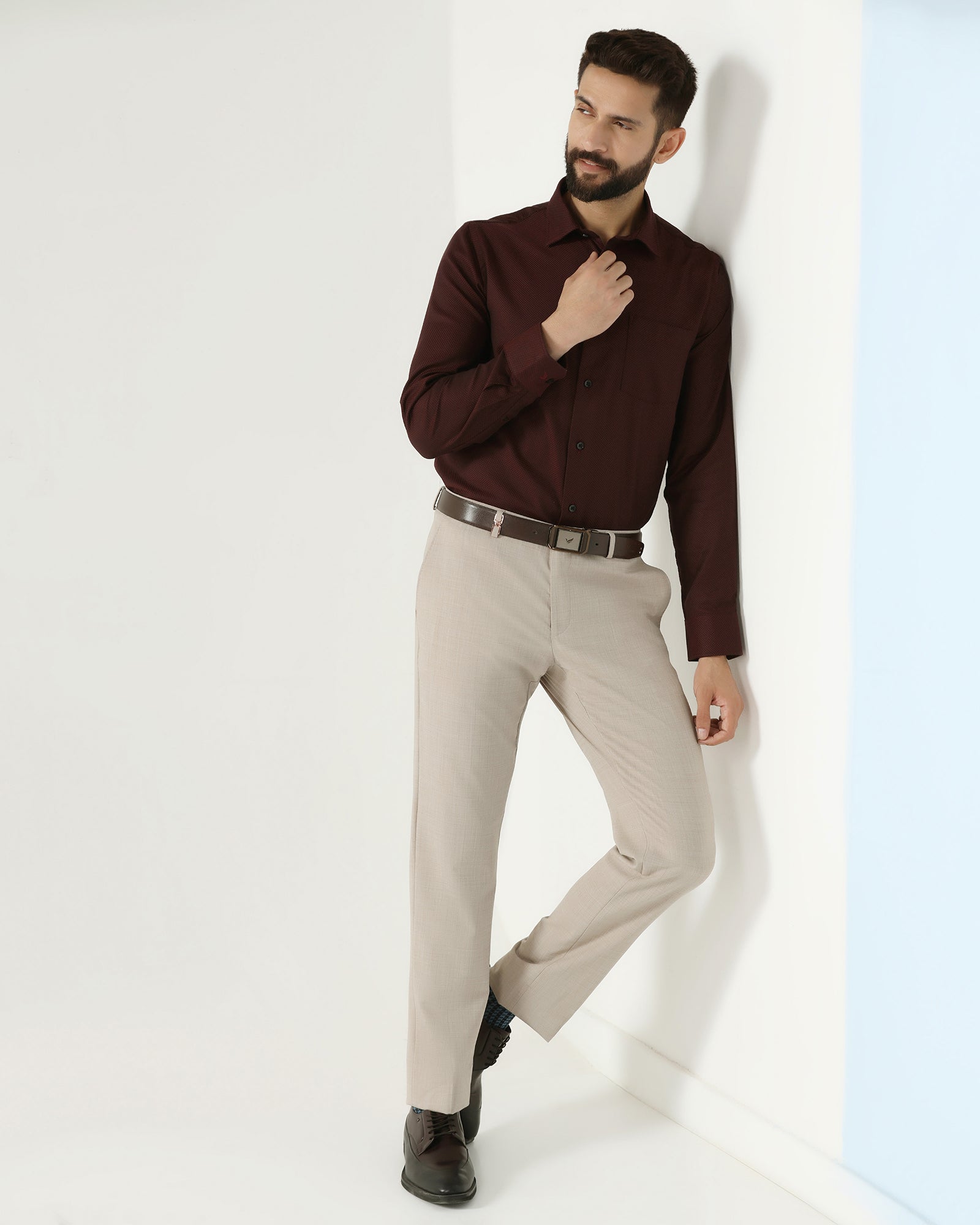 Beige Luxe Check Trouser - Portwine