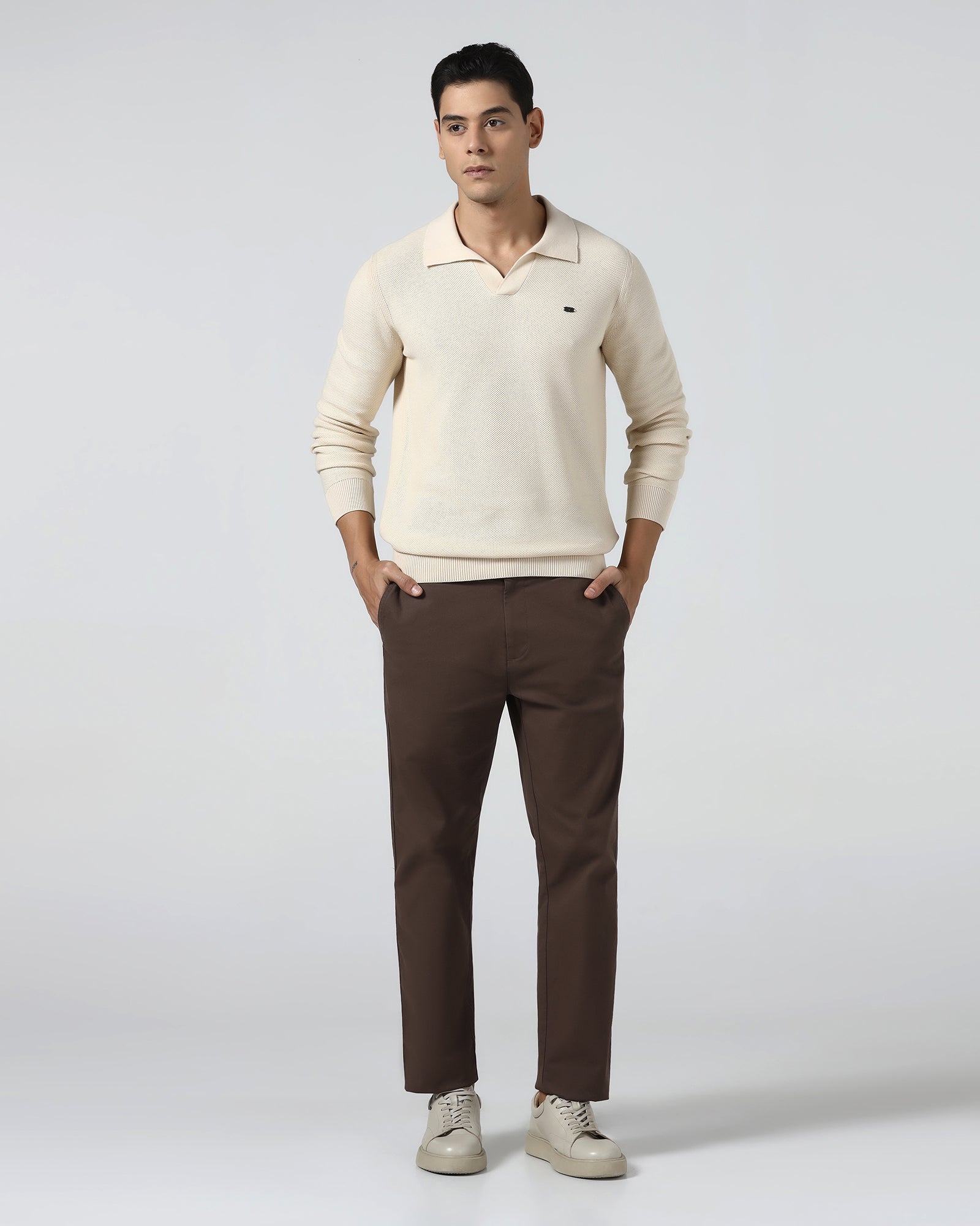 Beige Polo Neck Jacquard Sweater - Draco